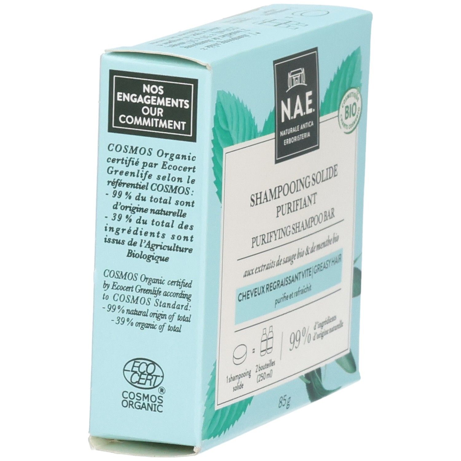 Verpackung eines festen NAE Bio-Shampoos, 85g, mit Hinweisen zu Inhaltsstoffen und Zertifizierungen.