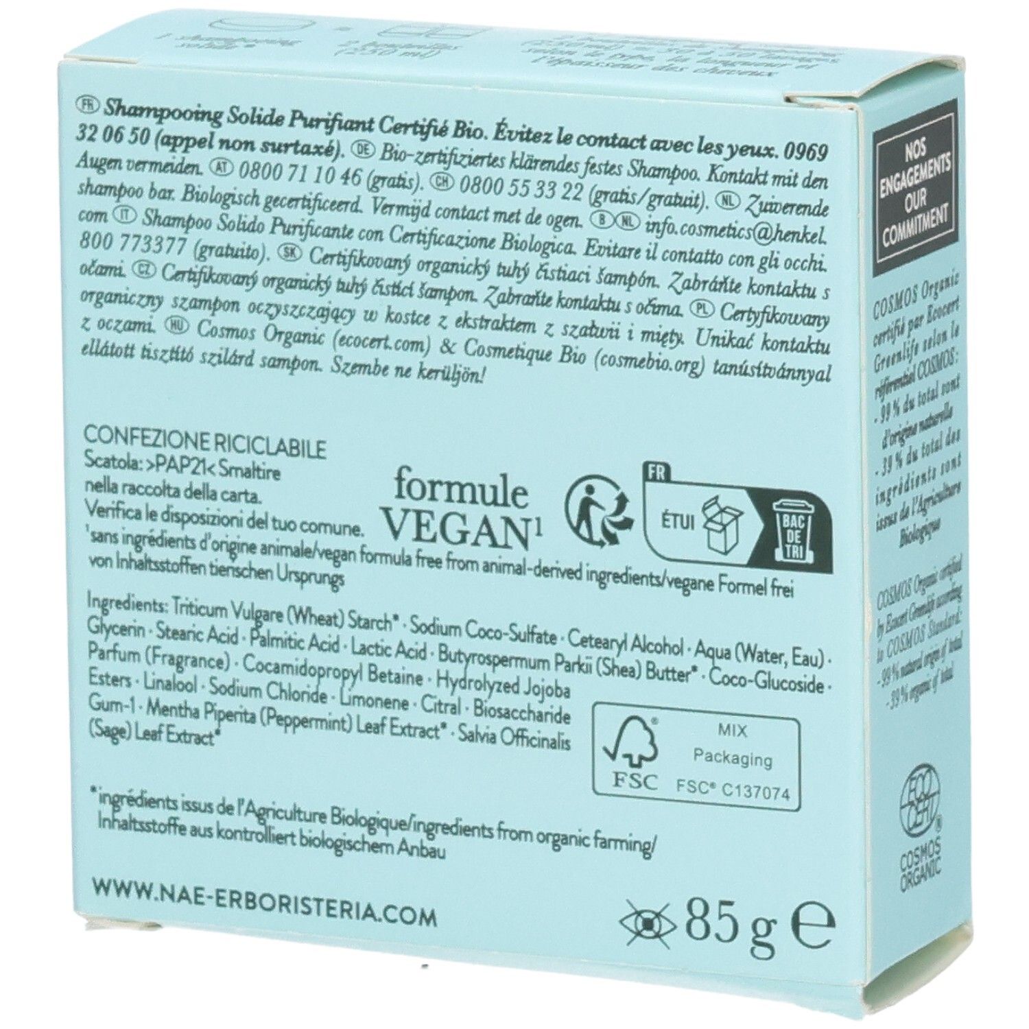 85g feste Shampoo-Verpackung mit Bio-Siegel und Vegan-Label.