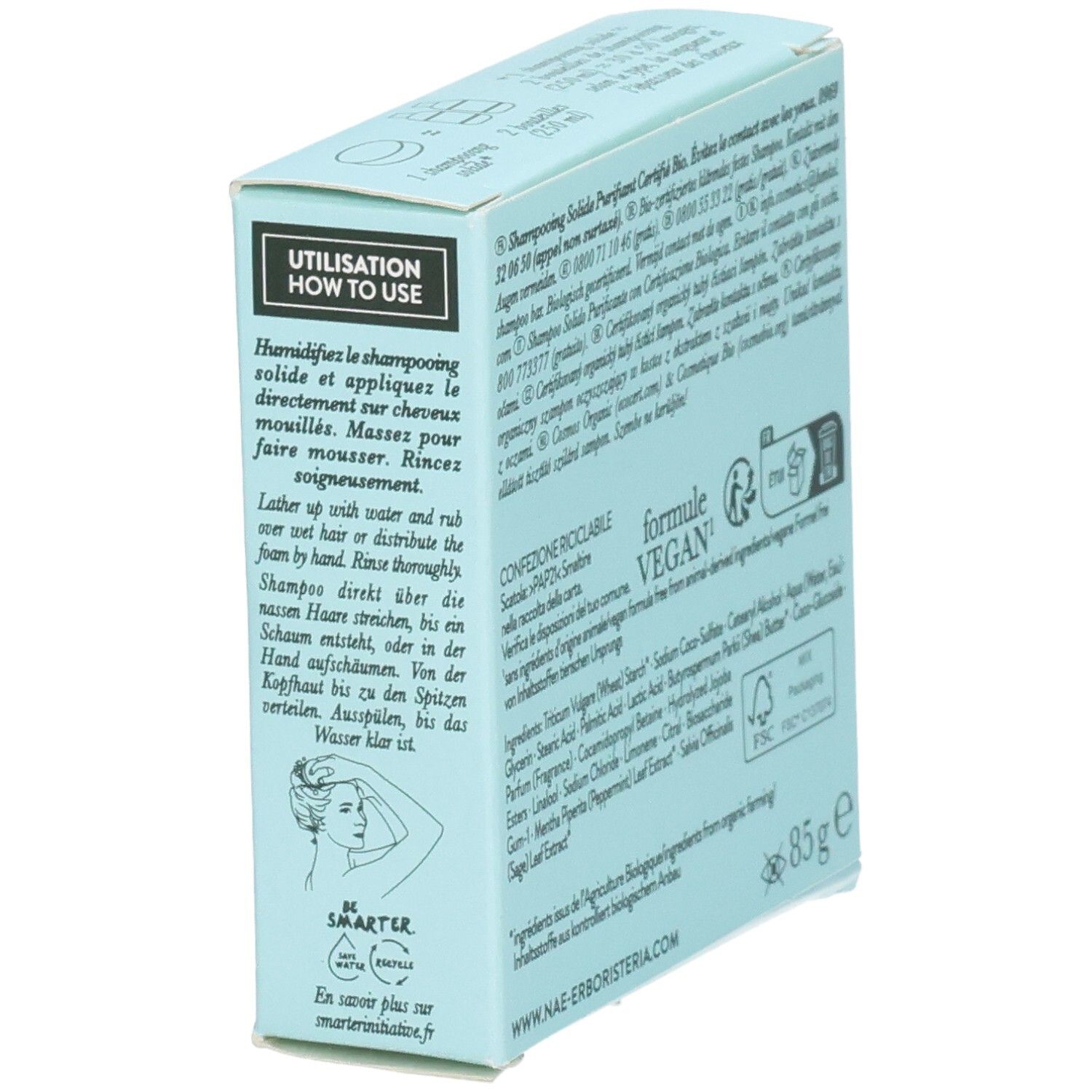 Hellblaue Verpackung für festes Shampoo mit Anwendungshinweisen und Inhaltsstoffen. 85g.