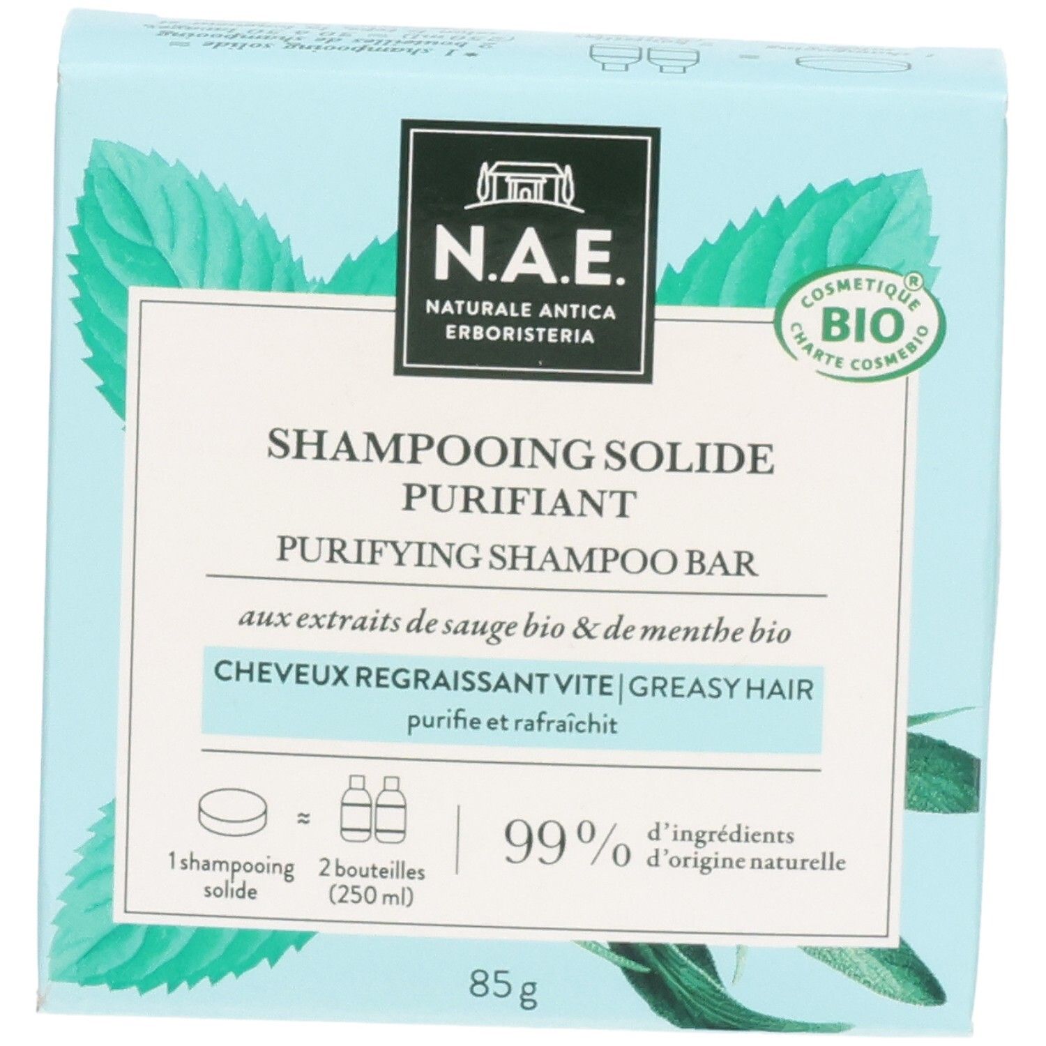 Verpackung eines festen Reinigungsshampoos mit Salbei- und Minzextrakten für fettiges Haar, 85g.