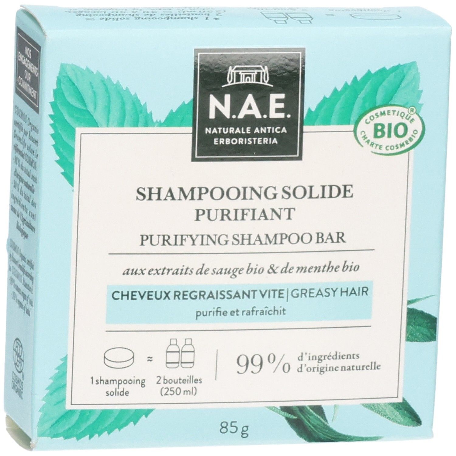 N.A.E. festes Shampoo, reinigend, 85g. Mit Salbei- und Minzextrakten. Für schnell fettendes Haar.