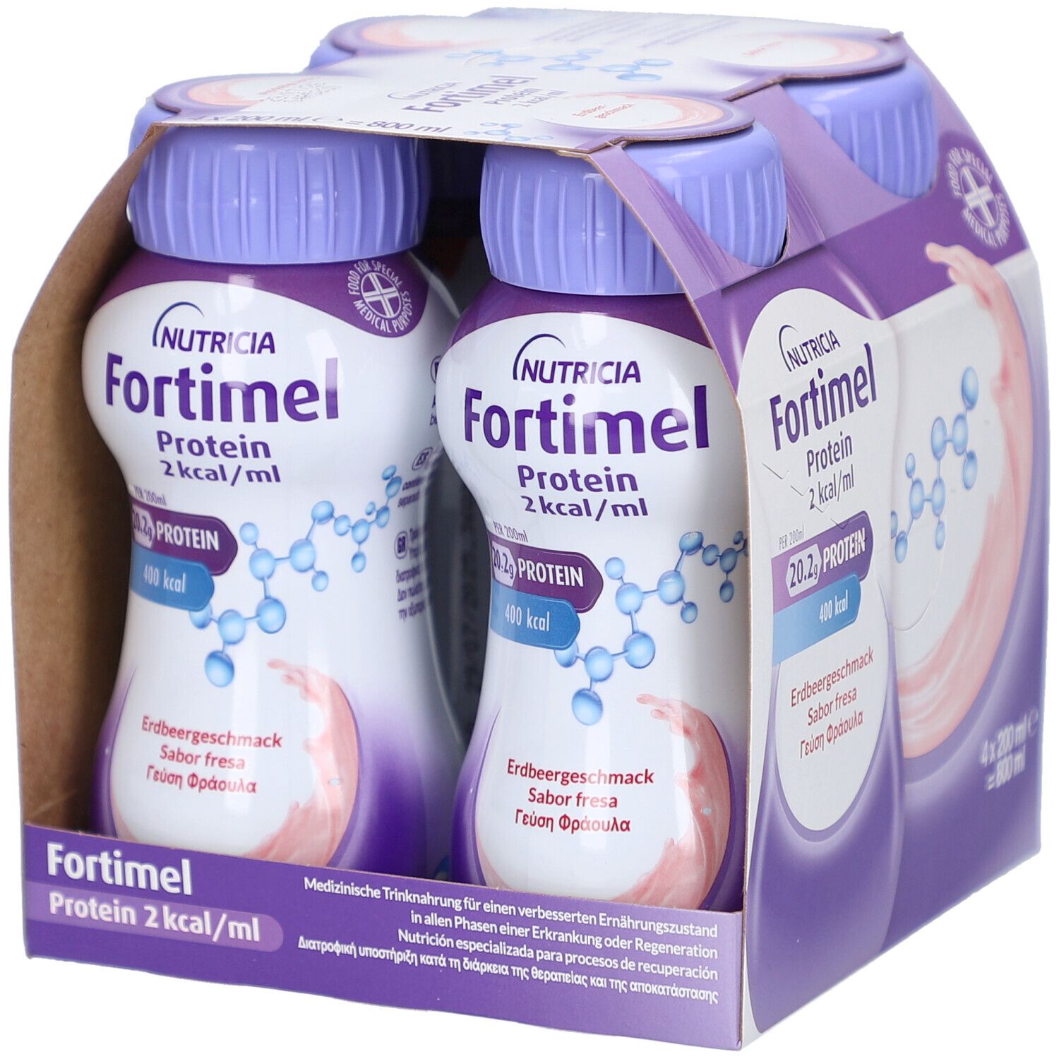 Packung mit vier Flaschen Fortimel Protein 2 kcal Fraise. Flaschen mit lila Deckel, Erdbeergeschmack. 4 x 200 ml.