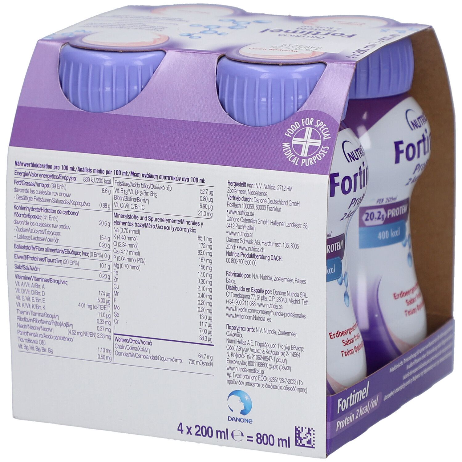 Rückseite der Verpackung mit Nährwertinformationen. 4 x 200 ml Flaschen Fortimel Protein 2 kcal Fraise.