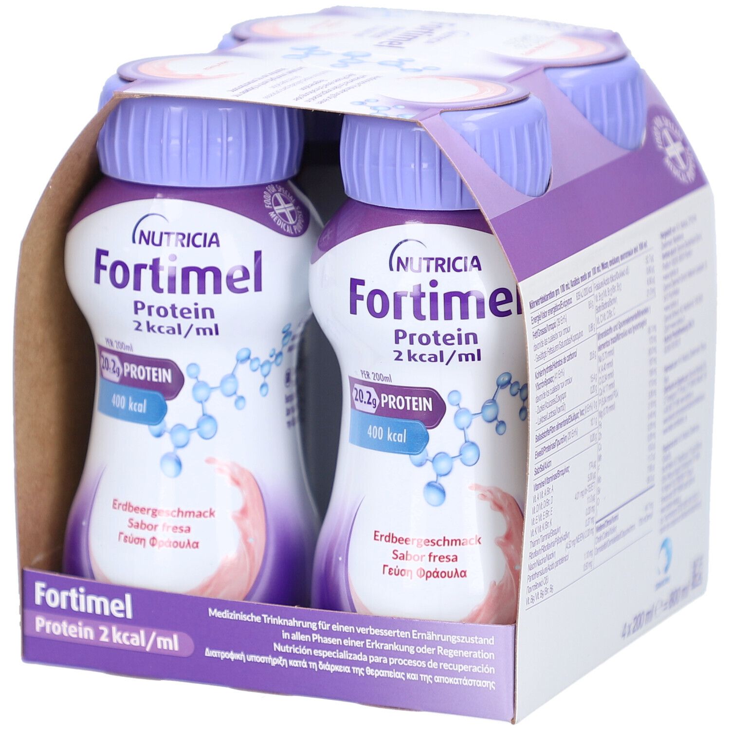 Packung mit vier Flaschen Fortimel Protein 2 kcal Fraise. Flaschen mit lila Deckel, Erdbeergeschmack. 4 x 200 ml.