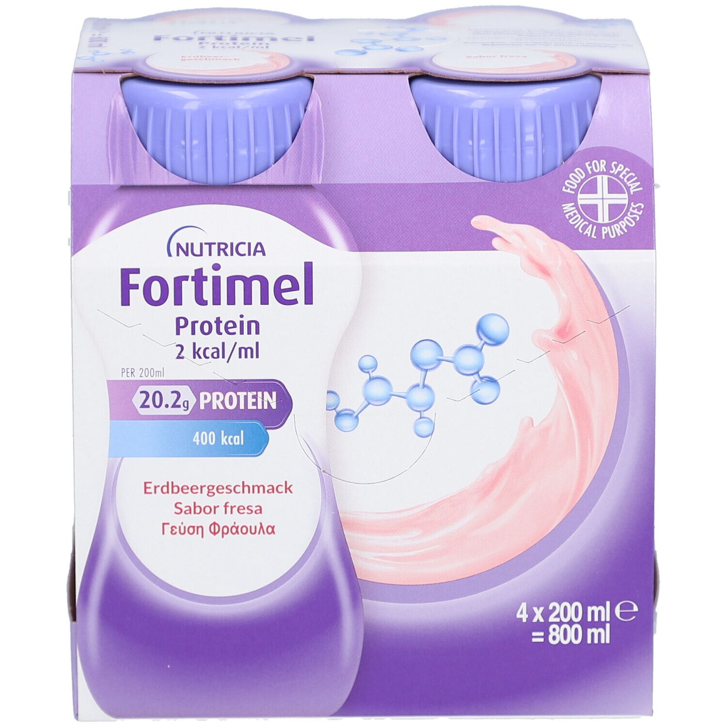 Flasche Fortimel Protein 2 kcal Fraise, lila Deckel, Erdbeergeschmack. 4 x 200 ml.