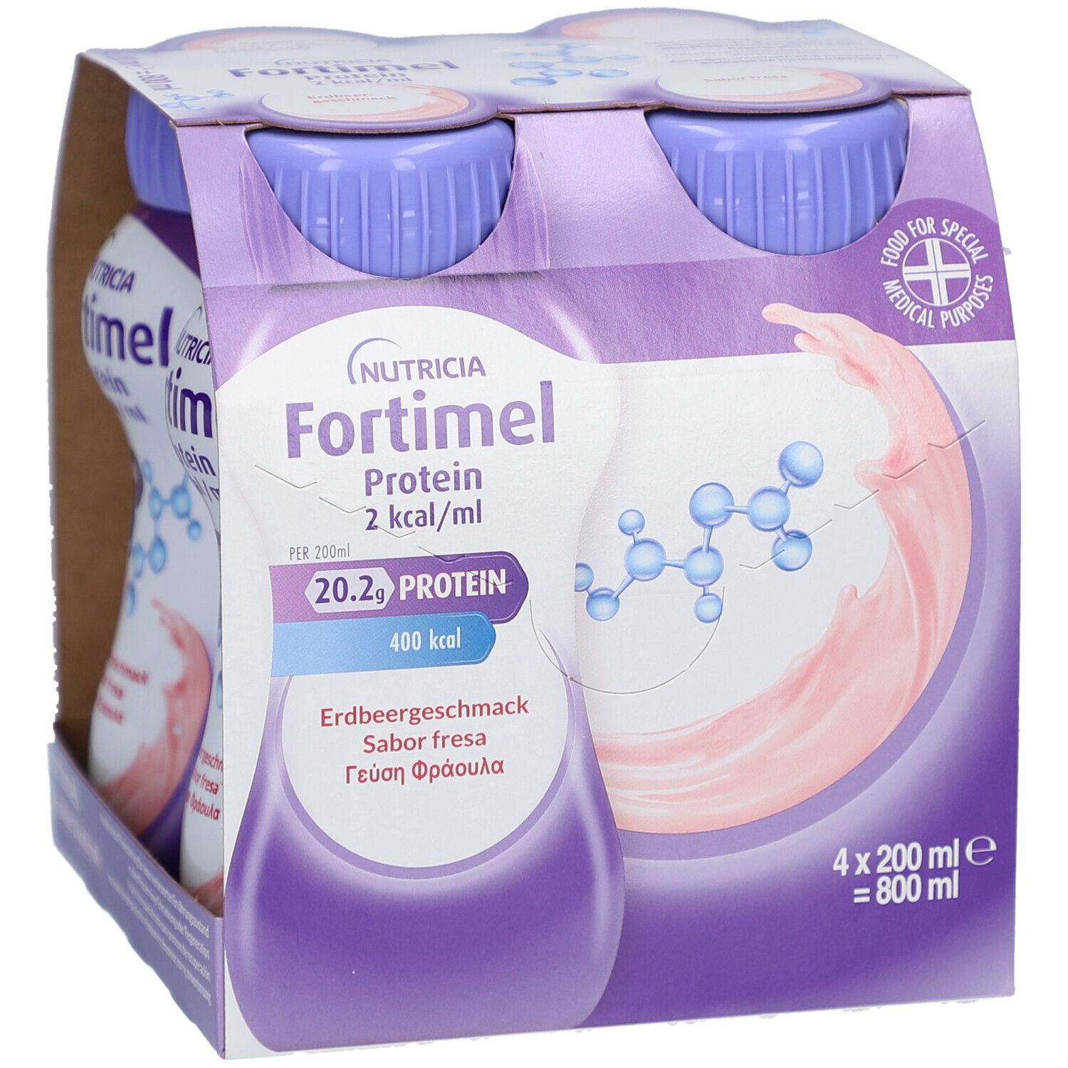 Packung mit vier Flaschen Fortimel Protein 2 kcal Fraise. Flaschen mit lila Deckel, Erdbeergeschmack. 4 x 200 ml.