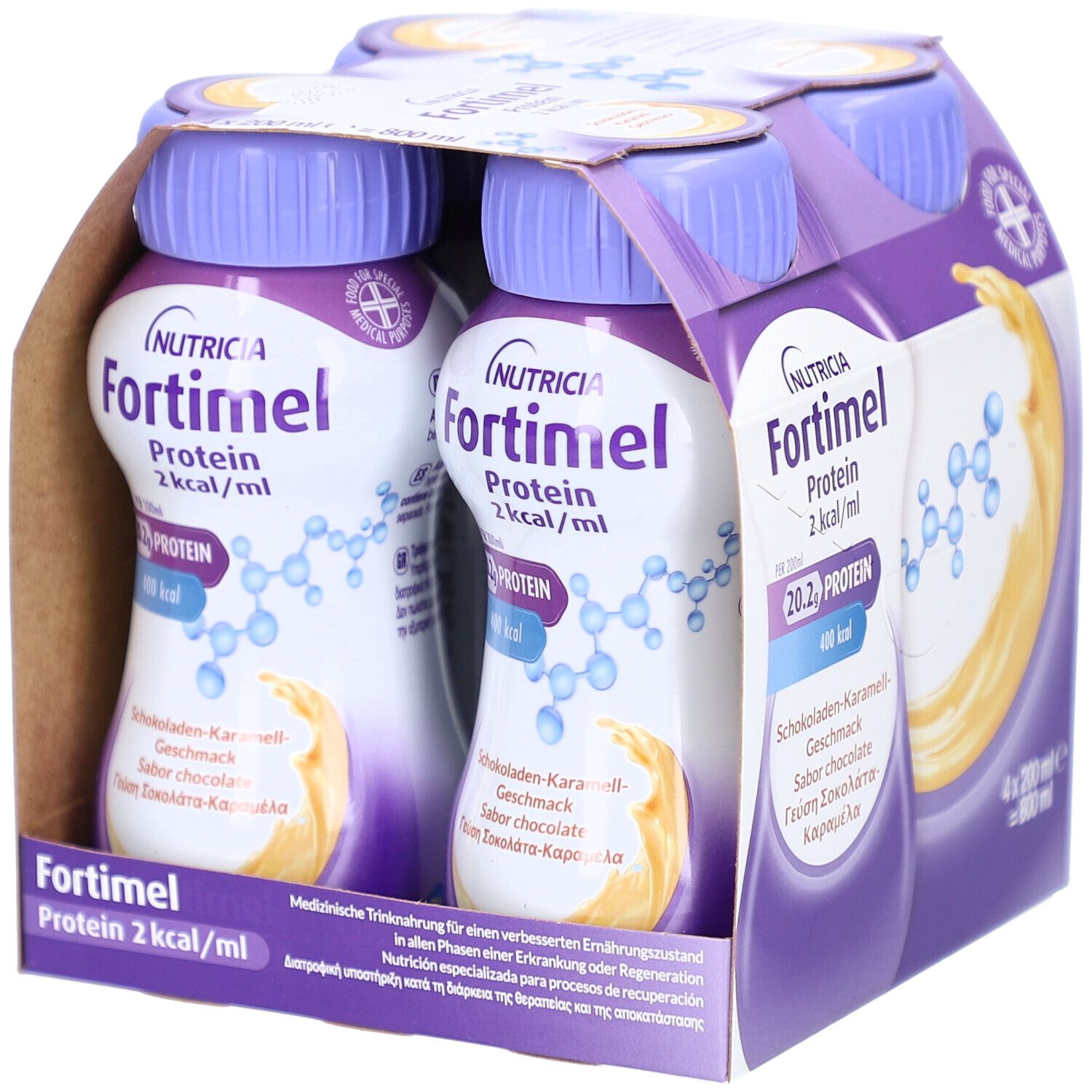 Packung mit vier Flaschen. Aufschrift: Fortimel Protein 2 kcal/ml. Geschmack Schokolade-Karamell. 4 x 200 ml.