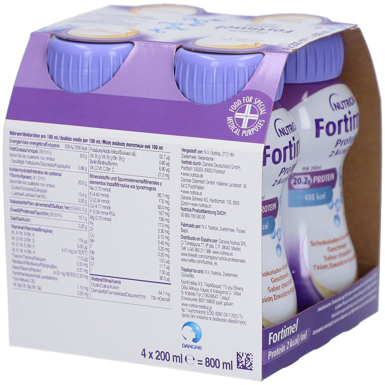 Packung mit vier Flaschen. Aufschrift: Fortimel Protein 2 kcal/ml. Geschmack Schokolade-Karamell. 4 x 200 ml.