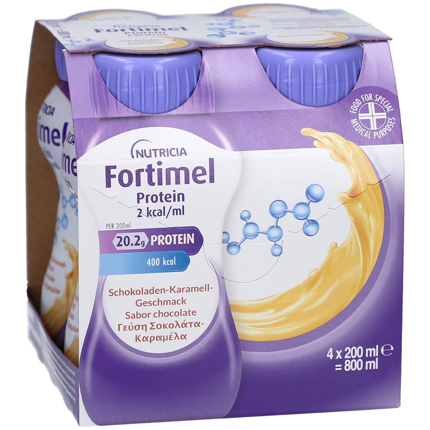 Packung mit vier Flaschen. Aufschrift: Fortimel Protein 2 kcal/ml. Geschmack Schokolade-Karamell. 4 x 200 ml.