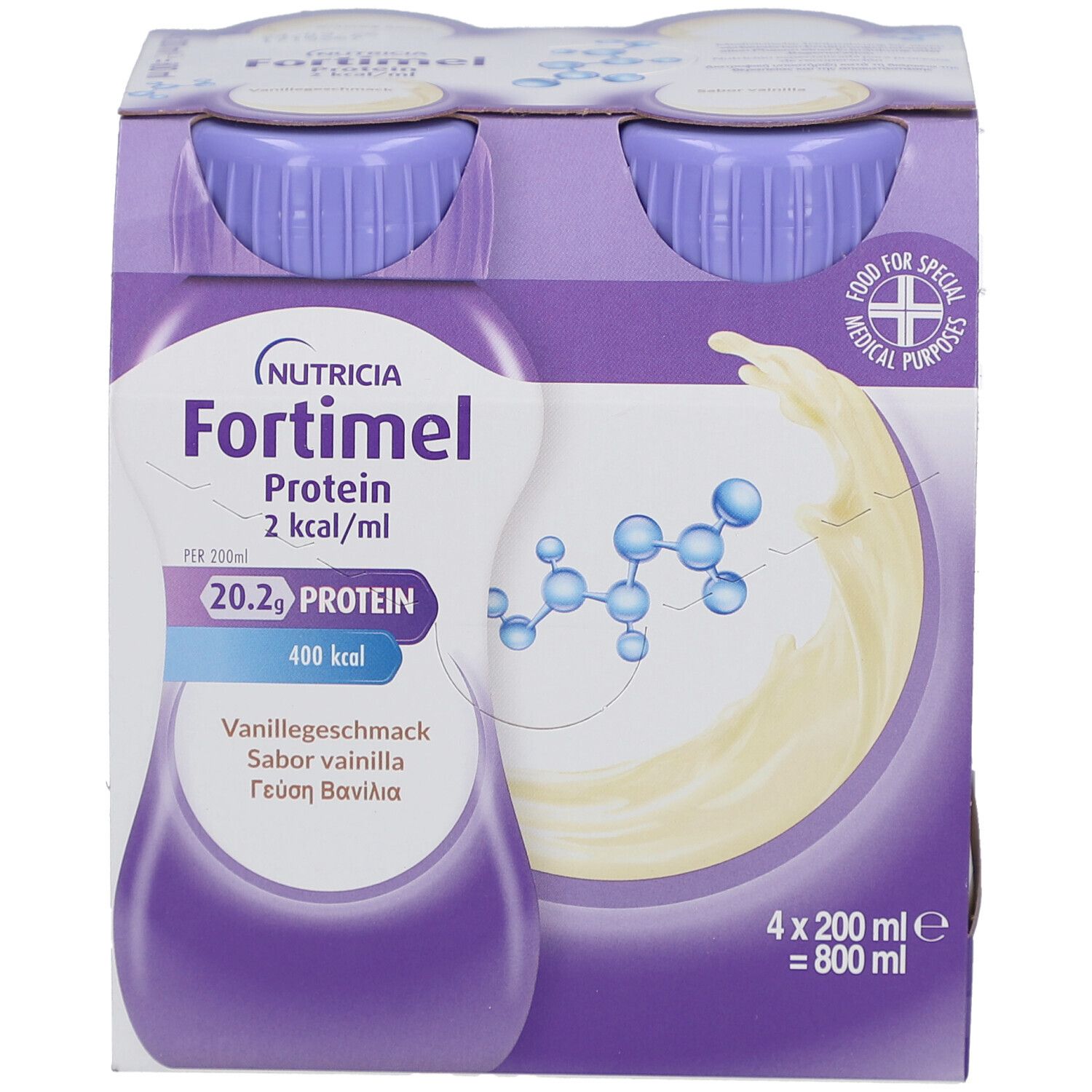 Packung mit vier Flaschen Fortimel Protein 2 kcal/ml Vanille. Flaschen mit lila Deckel, Produktabbildung mit Vanille.