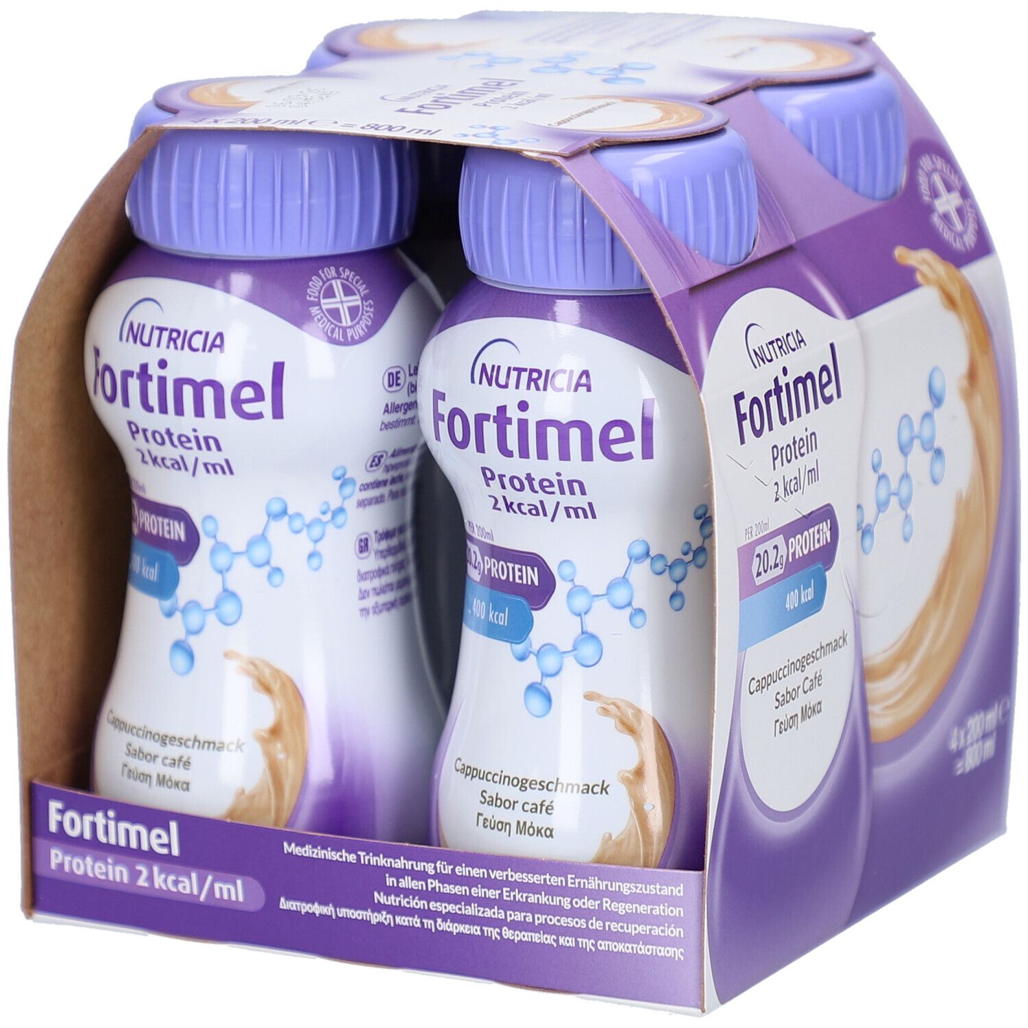 Packung mit vier Flaschen. Aufschrift: Fortimel Protein 2 kcal/ml, Cappuccinogeschmack. Flaschen in einer Pappverpackung.