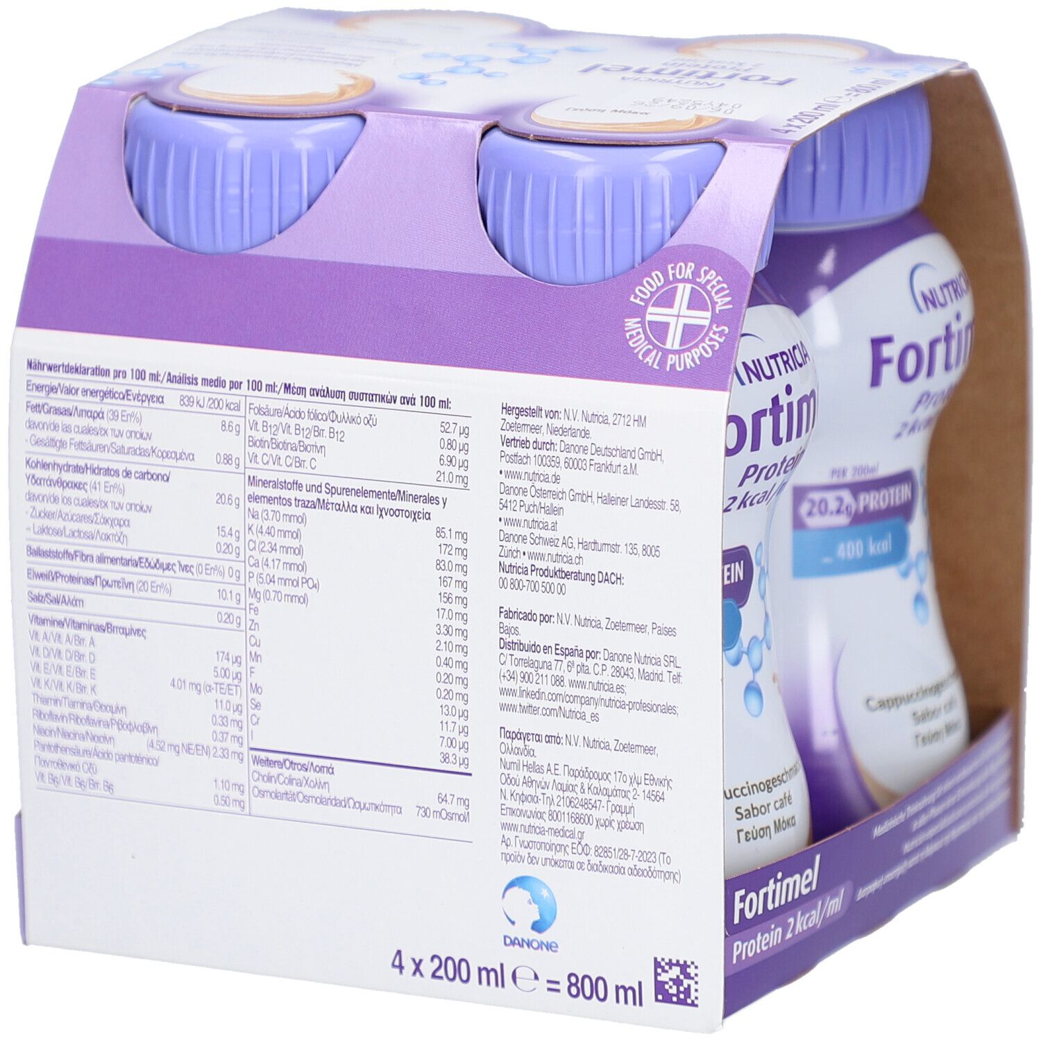 Rückseite der Verpackung mit Nährwertinformationen. Aufschrift: Fortimel Protein 2 kcal/ml. 4 x 200 ml = 800 ml.