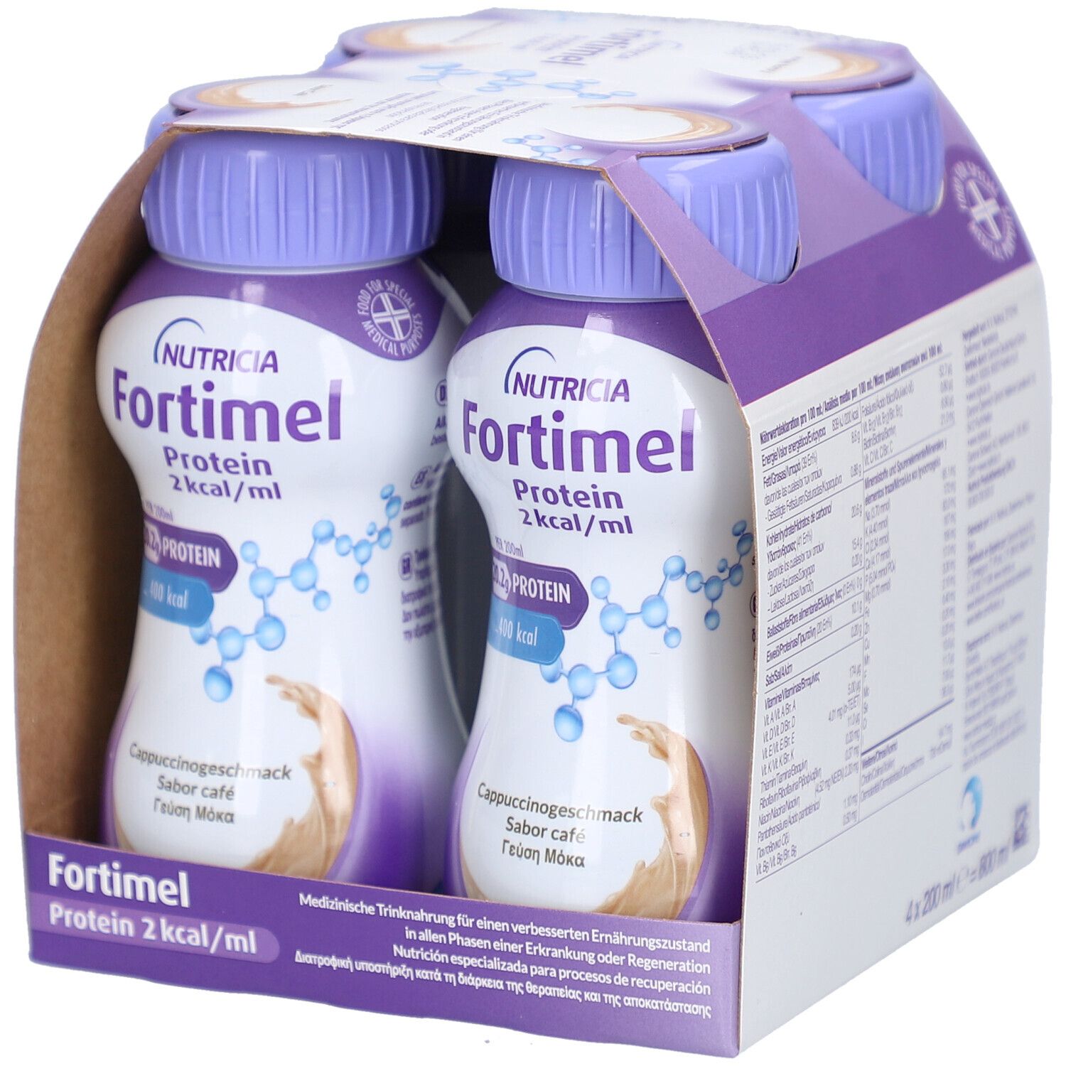 Packung mit vier Flaschen. Aufschrift: Fortimel Protein 2 kcal/ml, Cappuccinogeschmack. Flaschen in einer Pappverpackung.