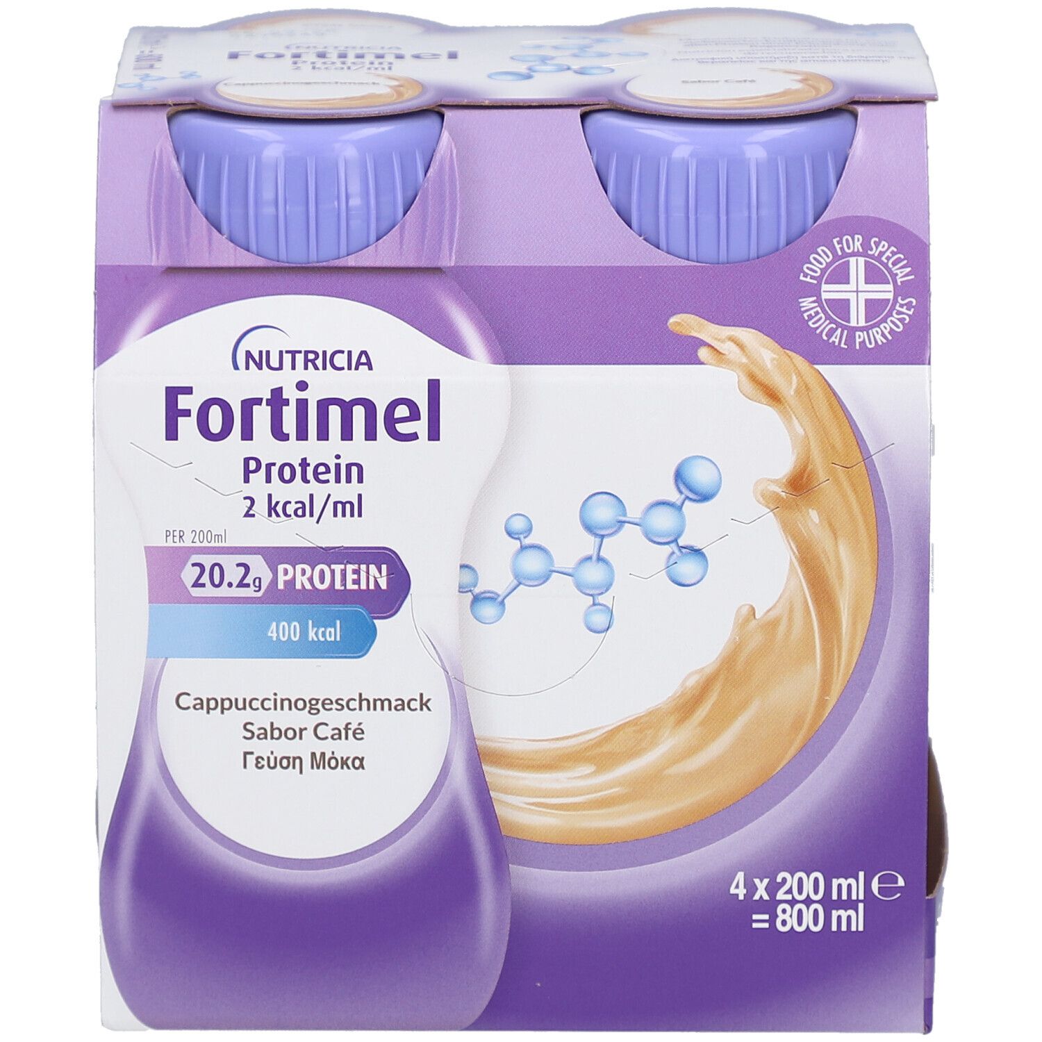 Nahaufnahme einer Flasche. Aufschrift: Fortimel Protein 2 kcal/ml, Cappuccinogeschmack. Lila und weiße Flasche mit lila Deckel.