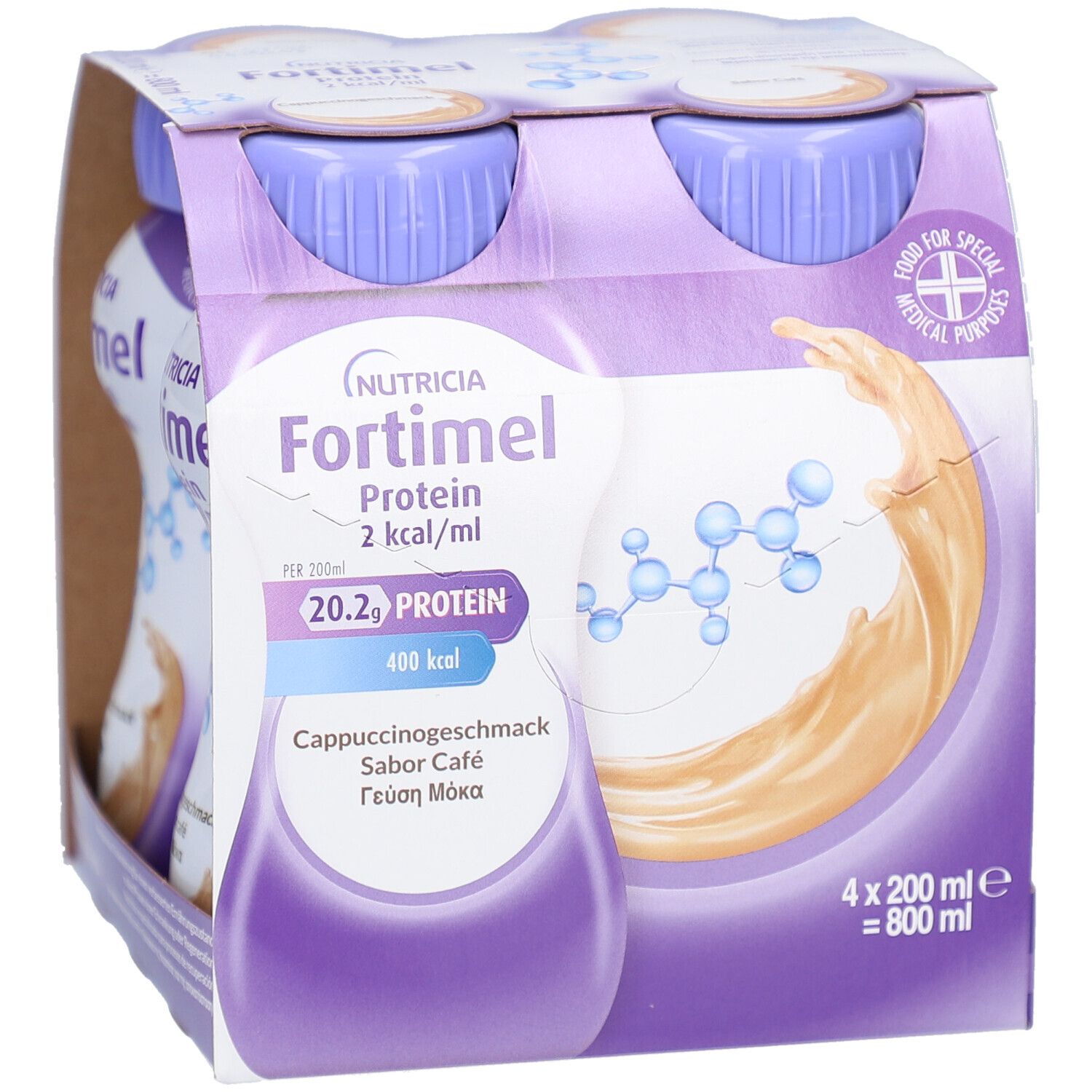 Packung mit vier Flaschen. Aufschrift: Fortimel Protein 2 kcal/ml, Cappuccinogeschmack. 4 x 200 ml = 800 ml.
