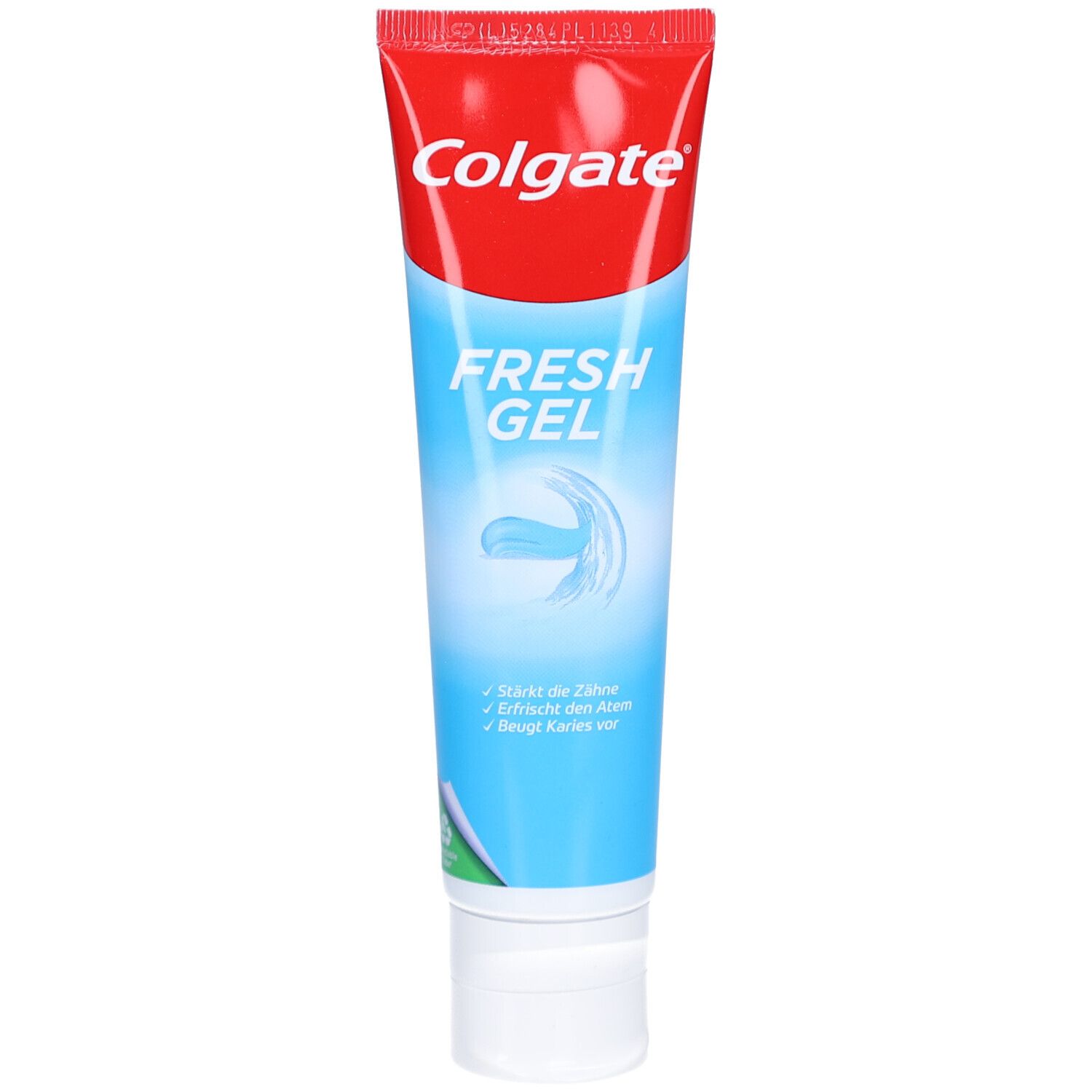 Zahnpasta-Tube mit rotem Deckel. Aufschrift: Colgate, FRESH GEL. Blaue Tube mit weißem Verschluss.