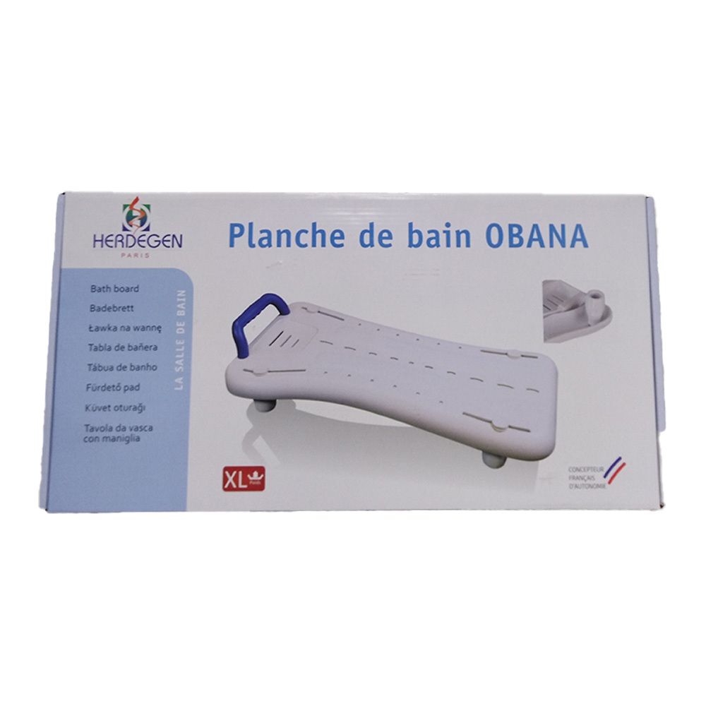 Verpackung der Badebrett Obana XL. Weißes Brett mit blauem Griff, auf blau-weißem Karton. Marke HERDEGEN.