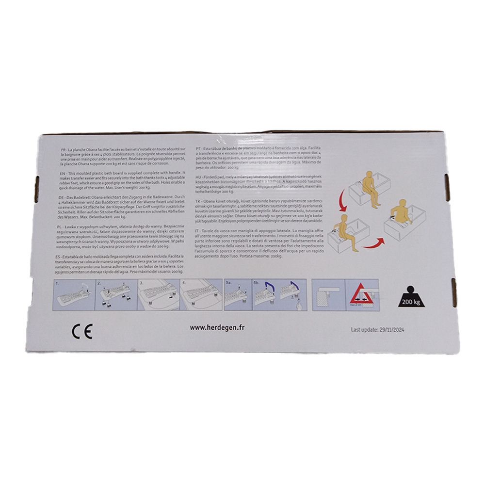 Rückseite der Verpackung des Badebretts Obana XL. Illustrationen zur Verwendung. CE-Kennzeichnung und Gewichtskapazität.