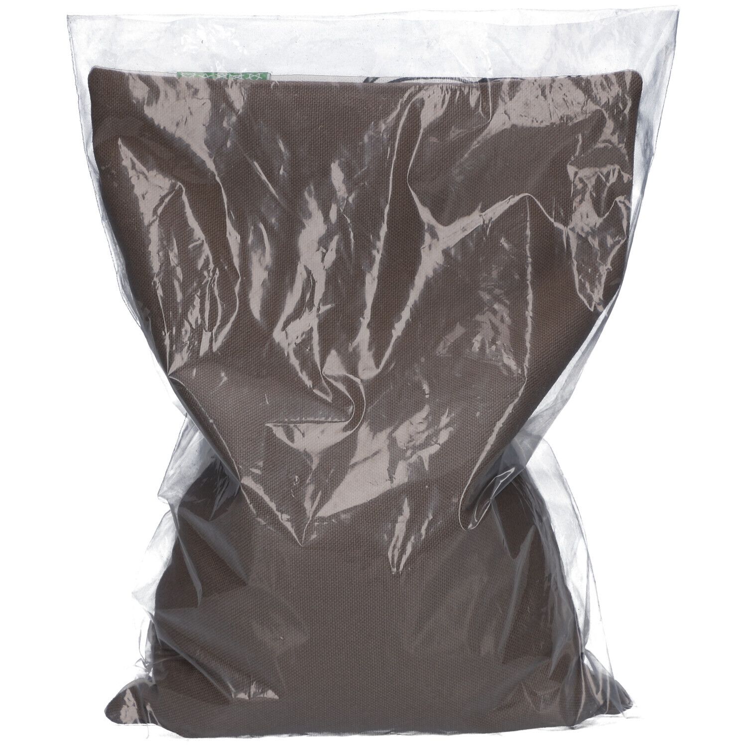 Braunes Kissen in transparenter Plastikverpackung. Das Kissen ist von der Verpackung umschlossen.