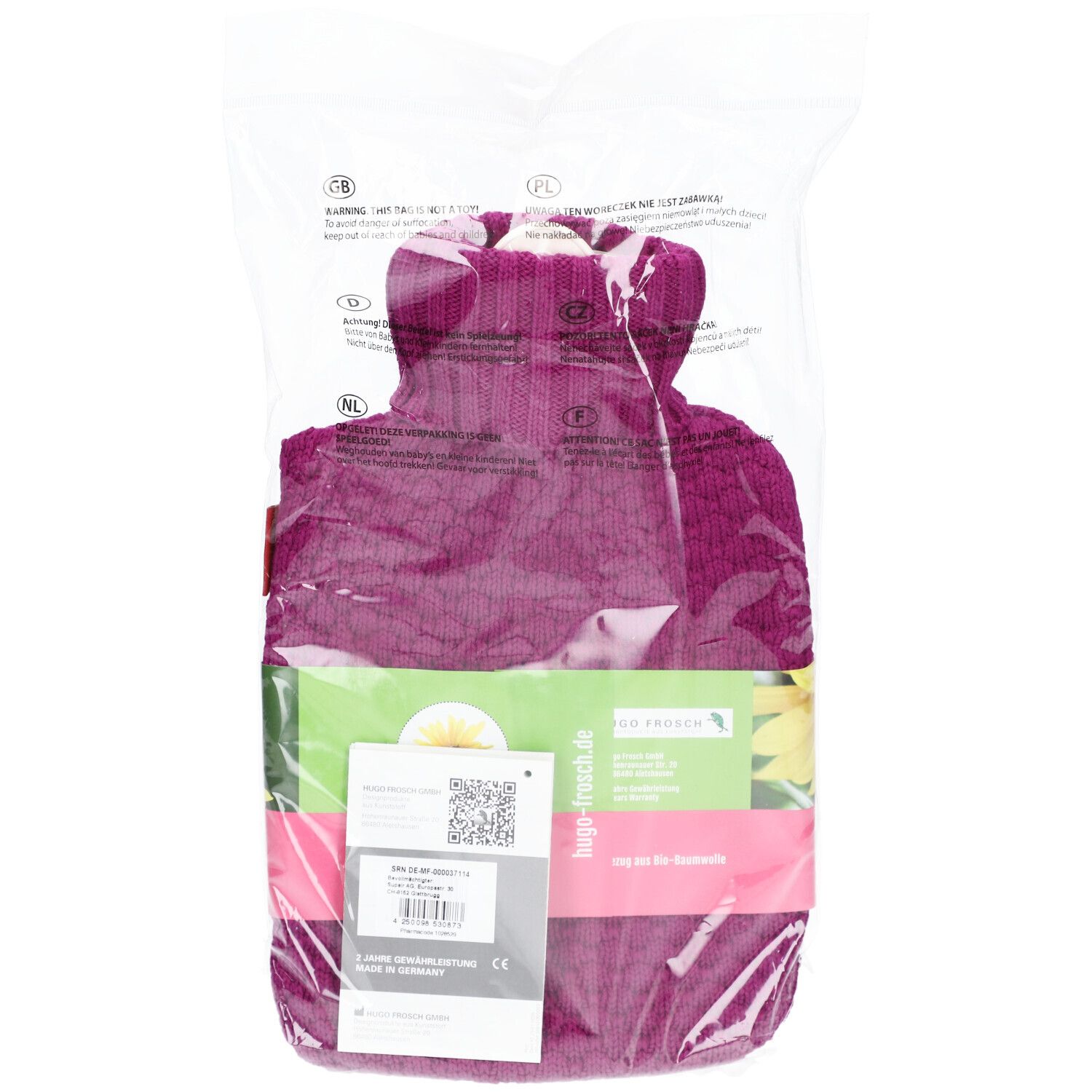 FROSCH Wärmflasche PVC Plant 1.8l Bio Strick Himb