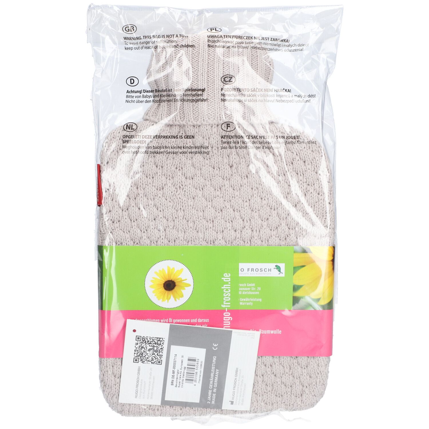 FROSCH Wärmflasche PVC Plant 1.8l Bio Strick Sand