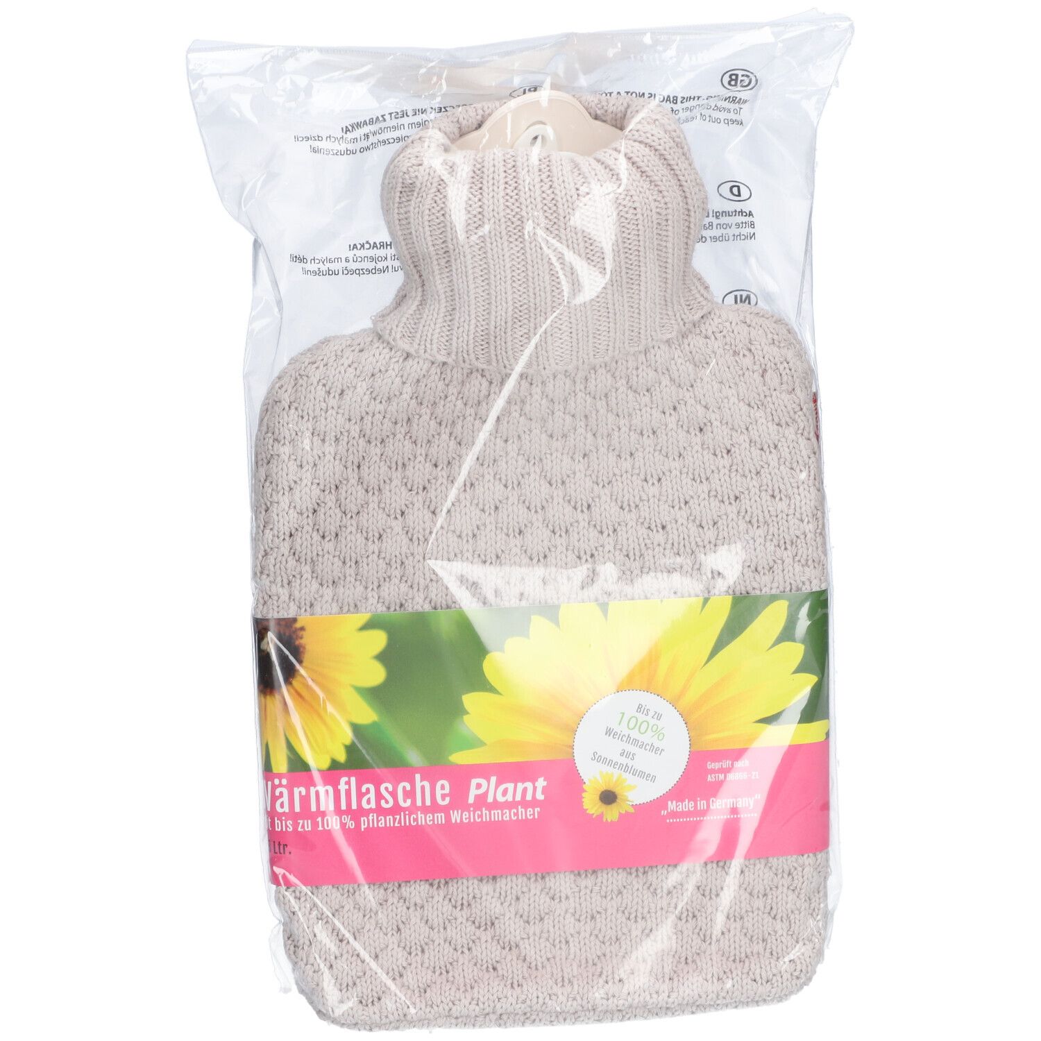 FROSCH Wärmflasche PVC Plant 1.8l Bio Strick Sand