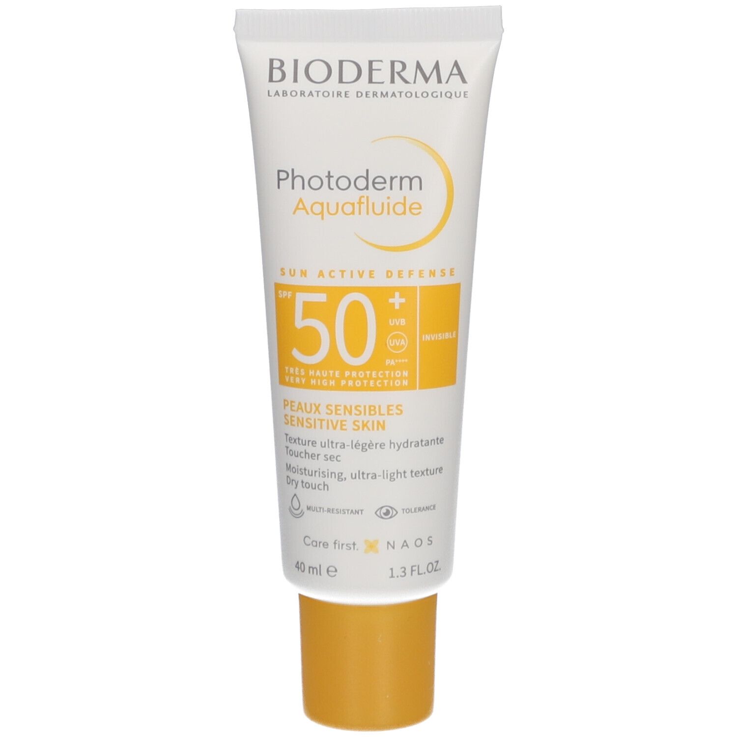 BIODERMA Photoderm Aquafluide SPF50+ Tube. Weißer Tube mit gelbem Deckel. Text und SPF50+ Aufdruck.