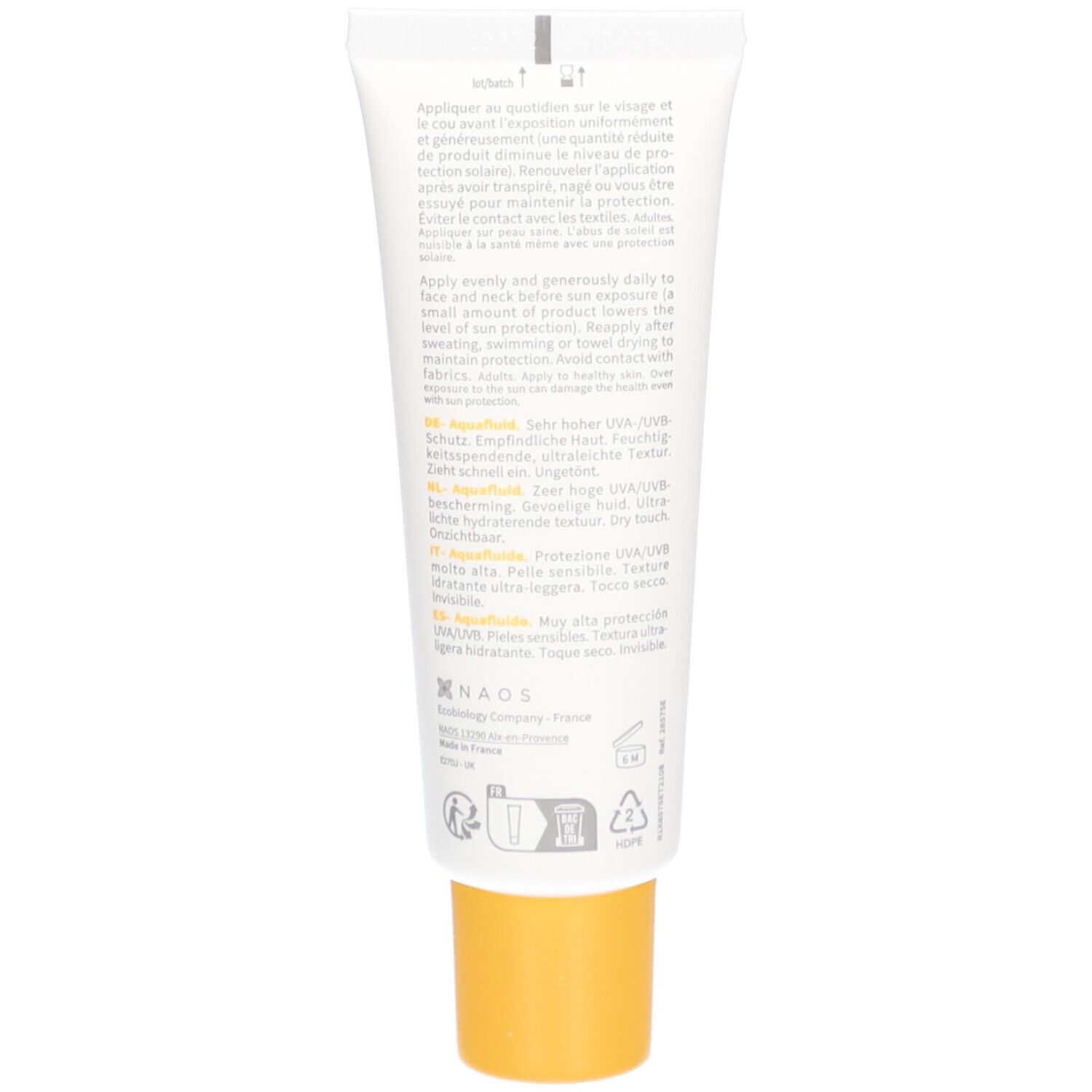 Rückseite der BIODERMA Photoderm Aquafluide SPF50+ Tube. Text in mehreren Sprachen. Gelber Deckel.