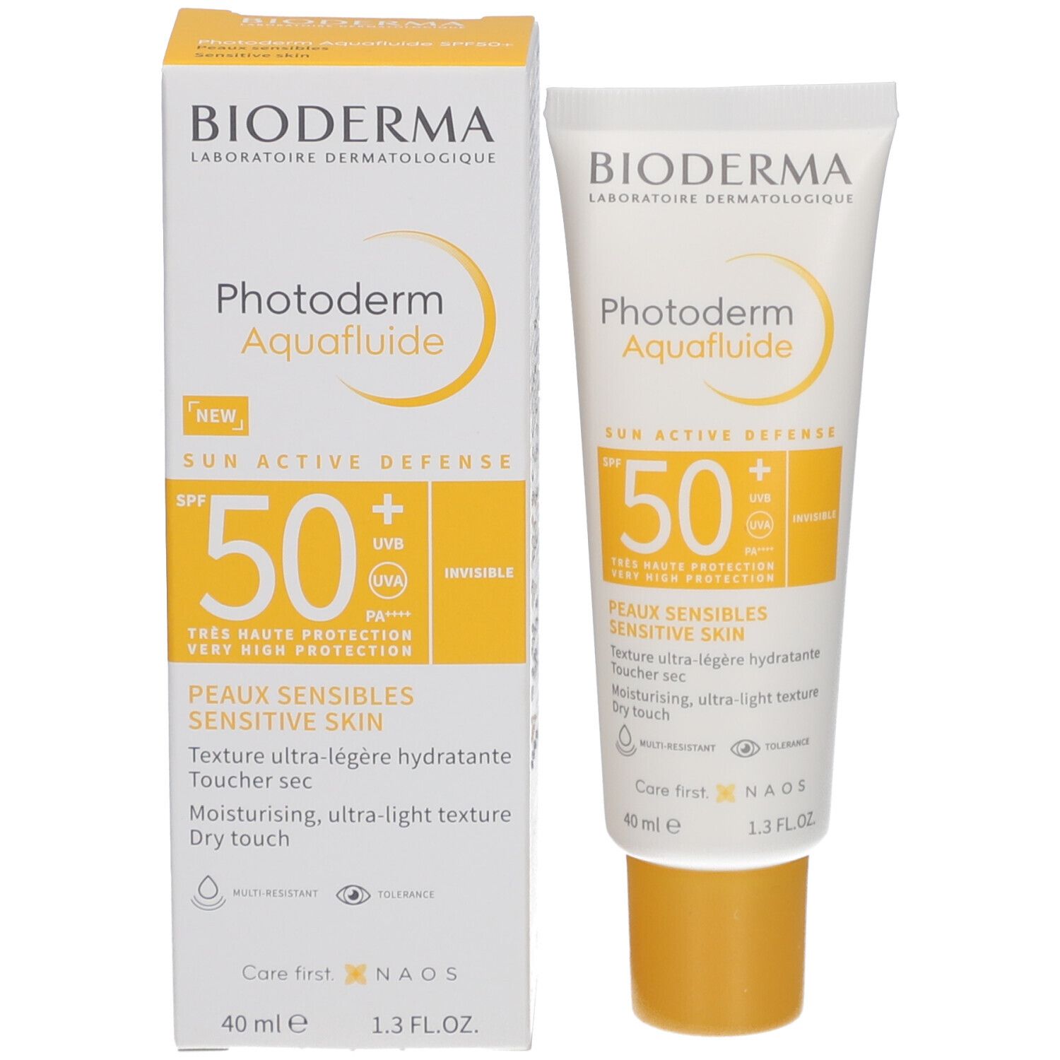BIODERMA Photoderm Aquafluide SPF50+ Produkt mit Verpackung. Tube und Schachtel. SPF50+ und Text sichtbar.