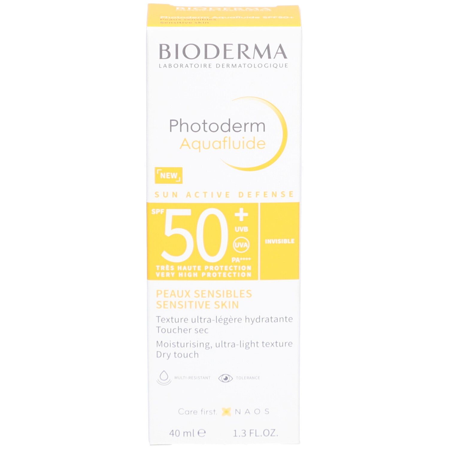 BIODERMA Photoderm Aquafluide SPF50+ Verpackung. Gelb-weiße Schachtel. SPF50+ und Produktname sichtbar.