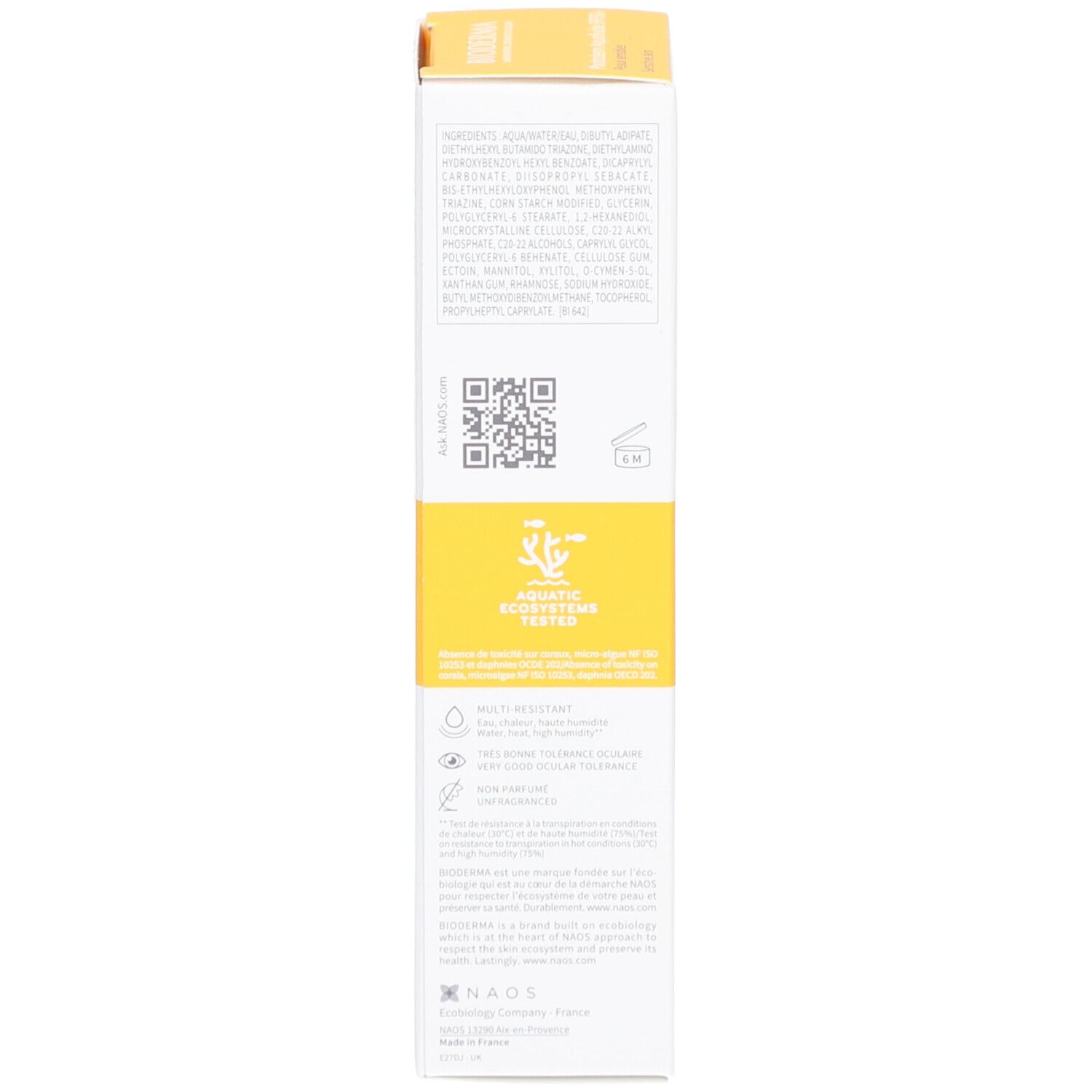 Rückseite der BIODERMA Photoderm Aquafluide SPF50+ Verpackung. Text, QR-Code und Logo.