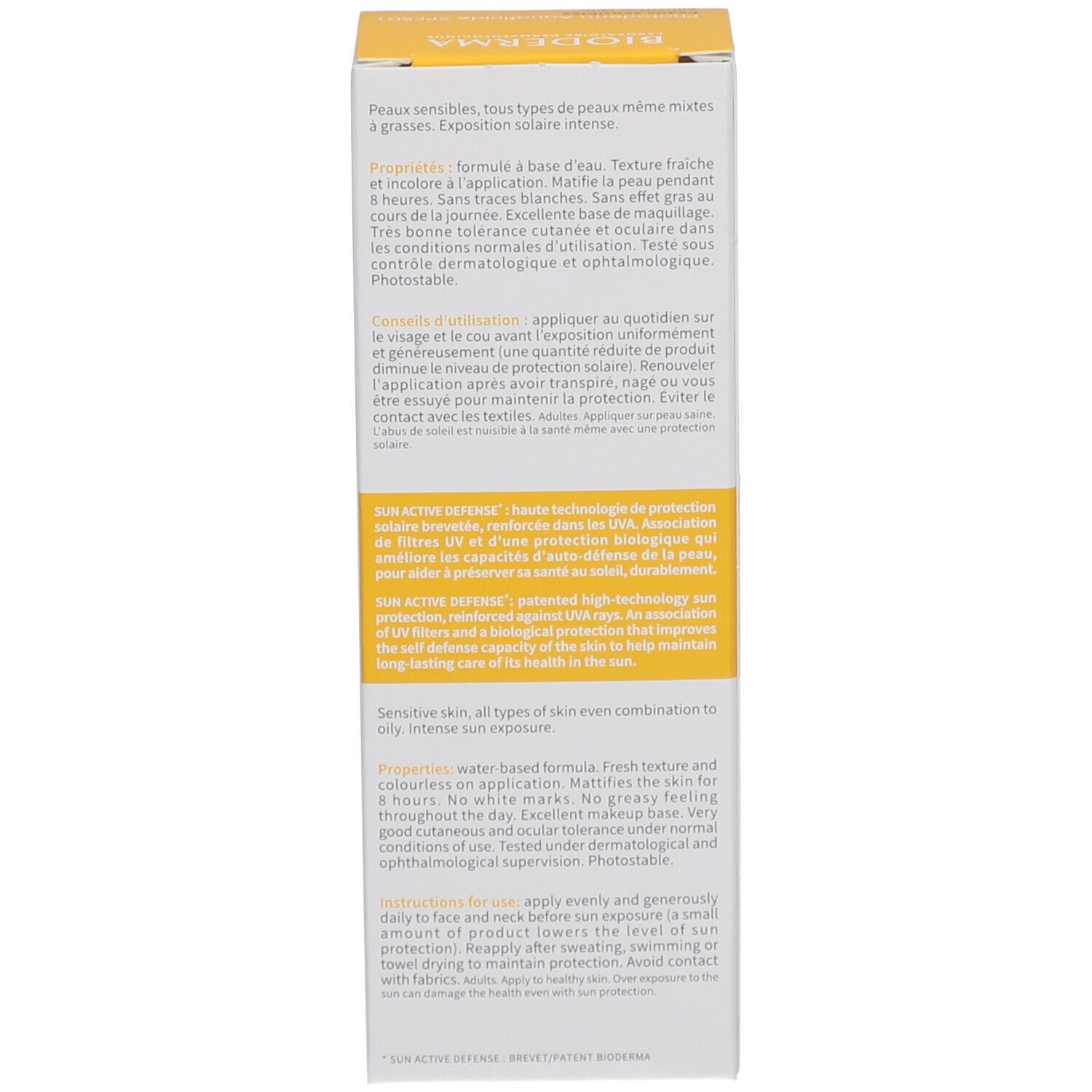 BIODERMA Photoderm Aquafluide SPF50+ Verpackung. Text über Inhaltsstoffe und Anwendung.