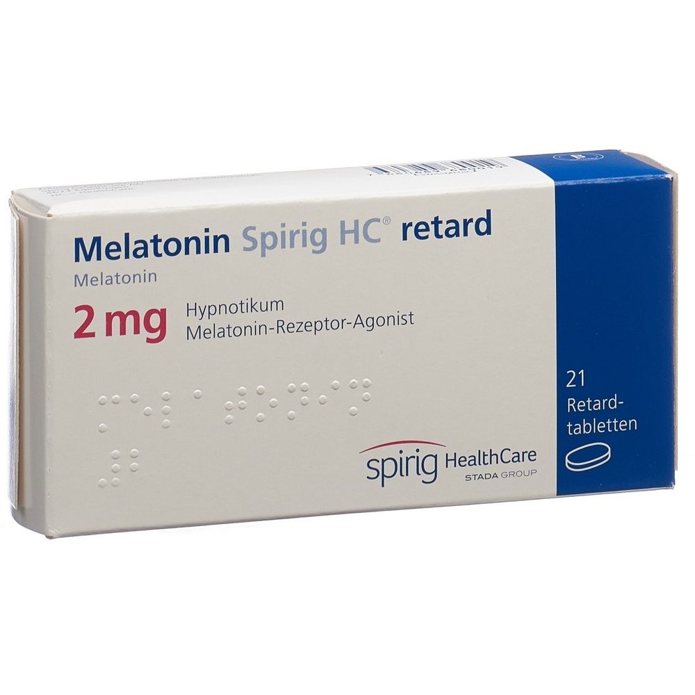Boîte de comprimés Melatonin Spirig HC retard. Inscription : 2 mg, 21 comprimés à libération prolongée. Marque : Spirig HealthCare.