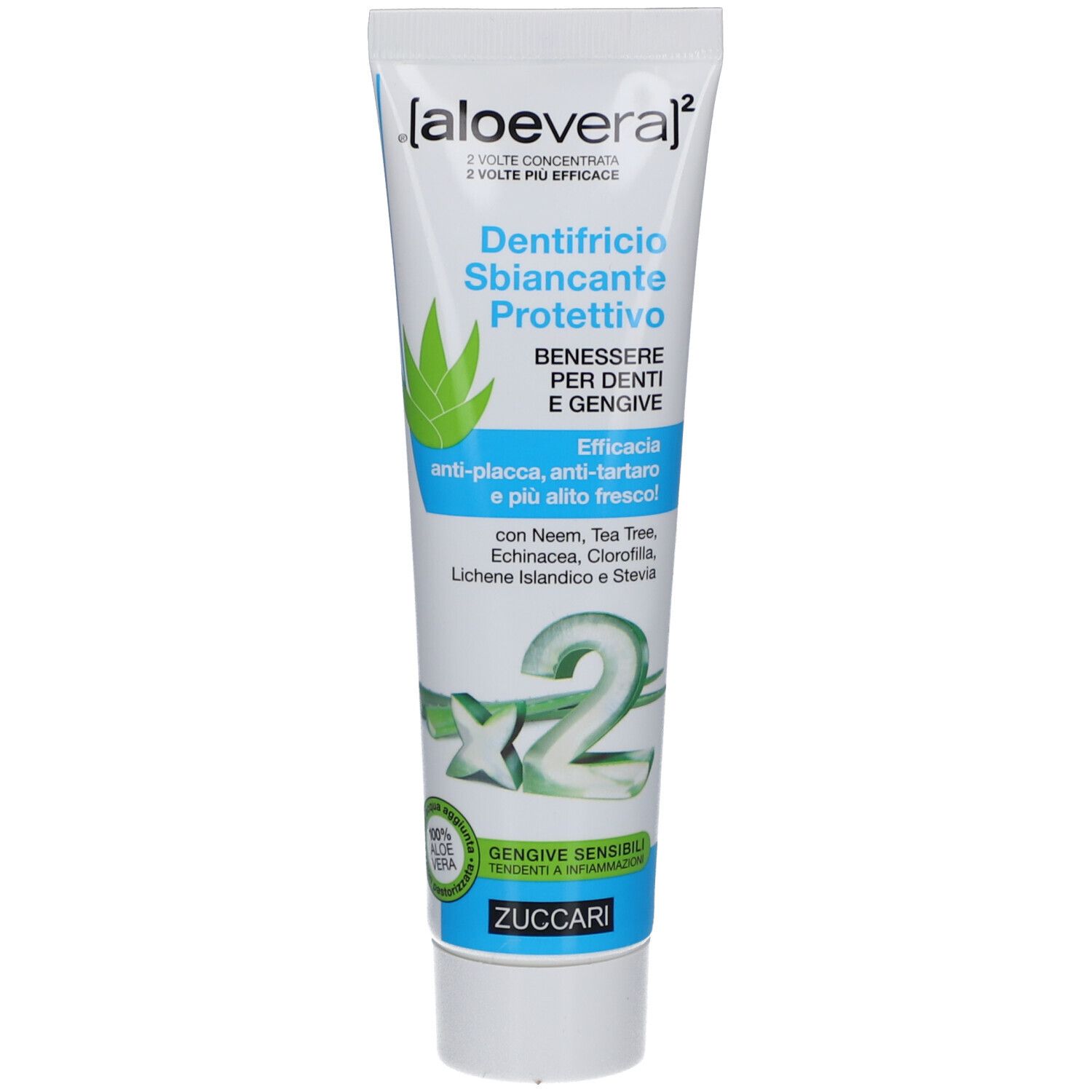 Tube de dentifrice avec texte: 'Dentifricio Sbiancante Protettivo'. Marque ZUCCARI. Inscription: 'Aloe vera'.