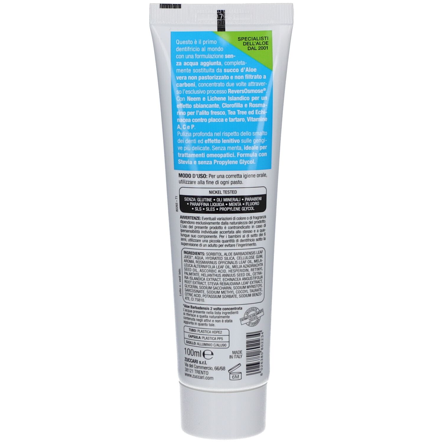 Dos du tube de dentifrice. Texte: ingrédients, mode d'emploi, informations fabricant. Marque ZUCCARI.