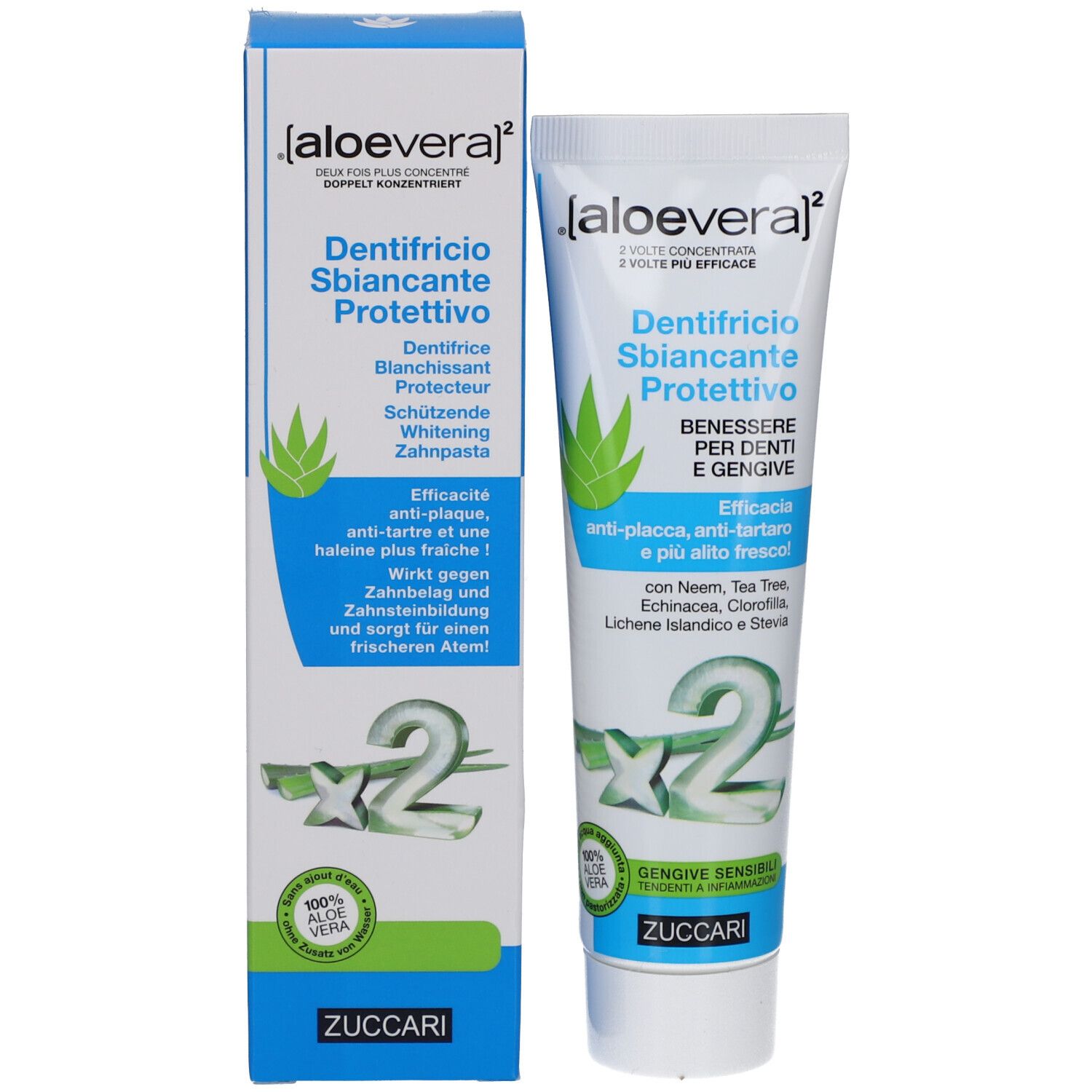 Tube de dentifrice et boîte. Texte: 'Dentifricio Sbiancante Protettivo'. Marque ZUCCARI. Inscription: 'Aloe vera'.