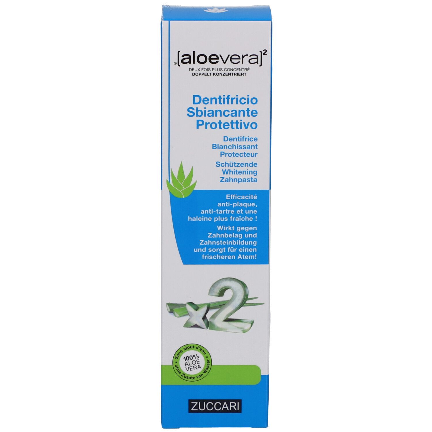 Boîte avec texte: 'Dentifricio Sbiancante Protettivo'. Marque ZUCCARI. Inscription: 'Aloe vera'.
