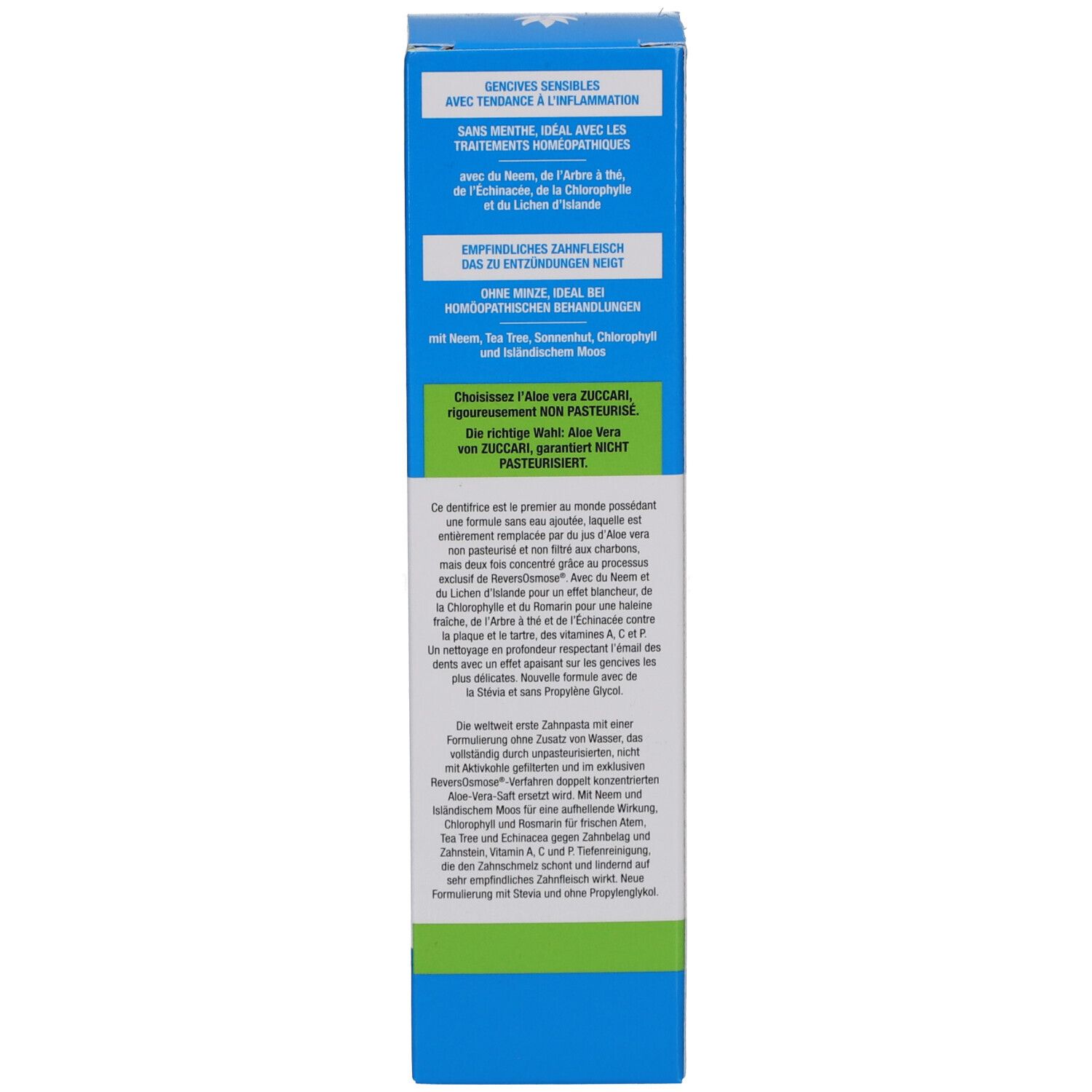 Côté de la boîte. Texte: informations sur le dentifrice. Marque ZUCCARI. Inscription: 'Aloe vera'.