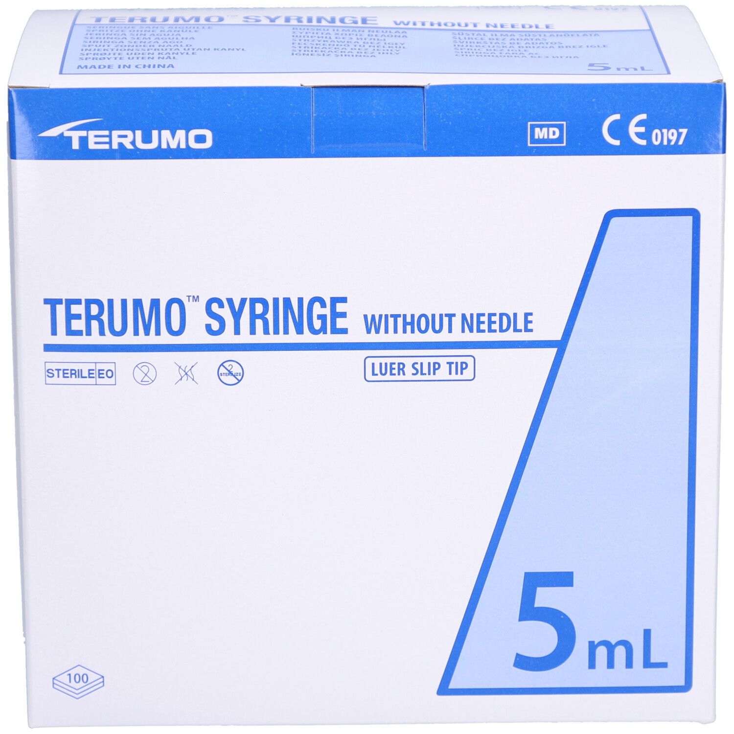 Vorderseite der TERUMO Spritzenverpackung. Produktbezeichnung, Volumen 5ml und CE-Kennzeichnung.