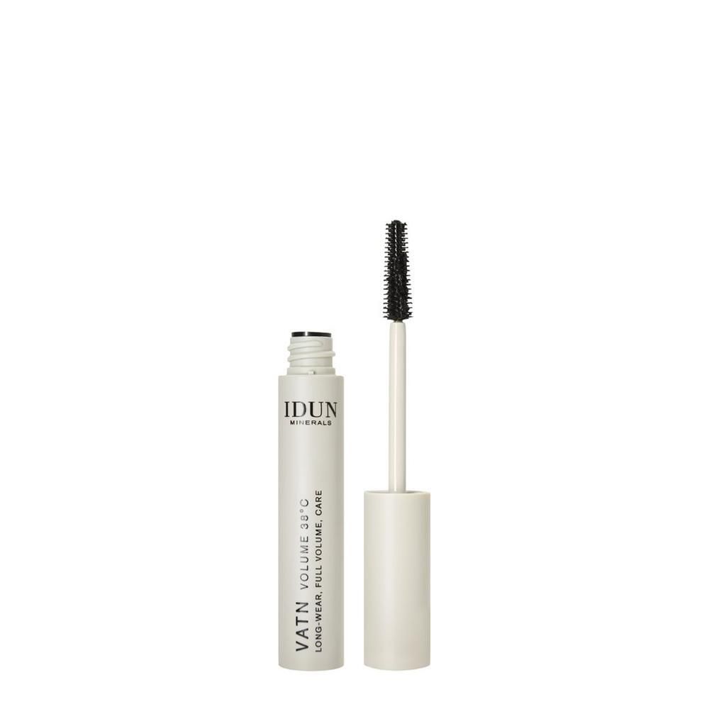 Mascara-Tube mit Bürste. Aufschrift: IDUN Minerals VATN Volume 38°C. Schwarze Bürste. Offene Verpackung.