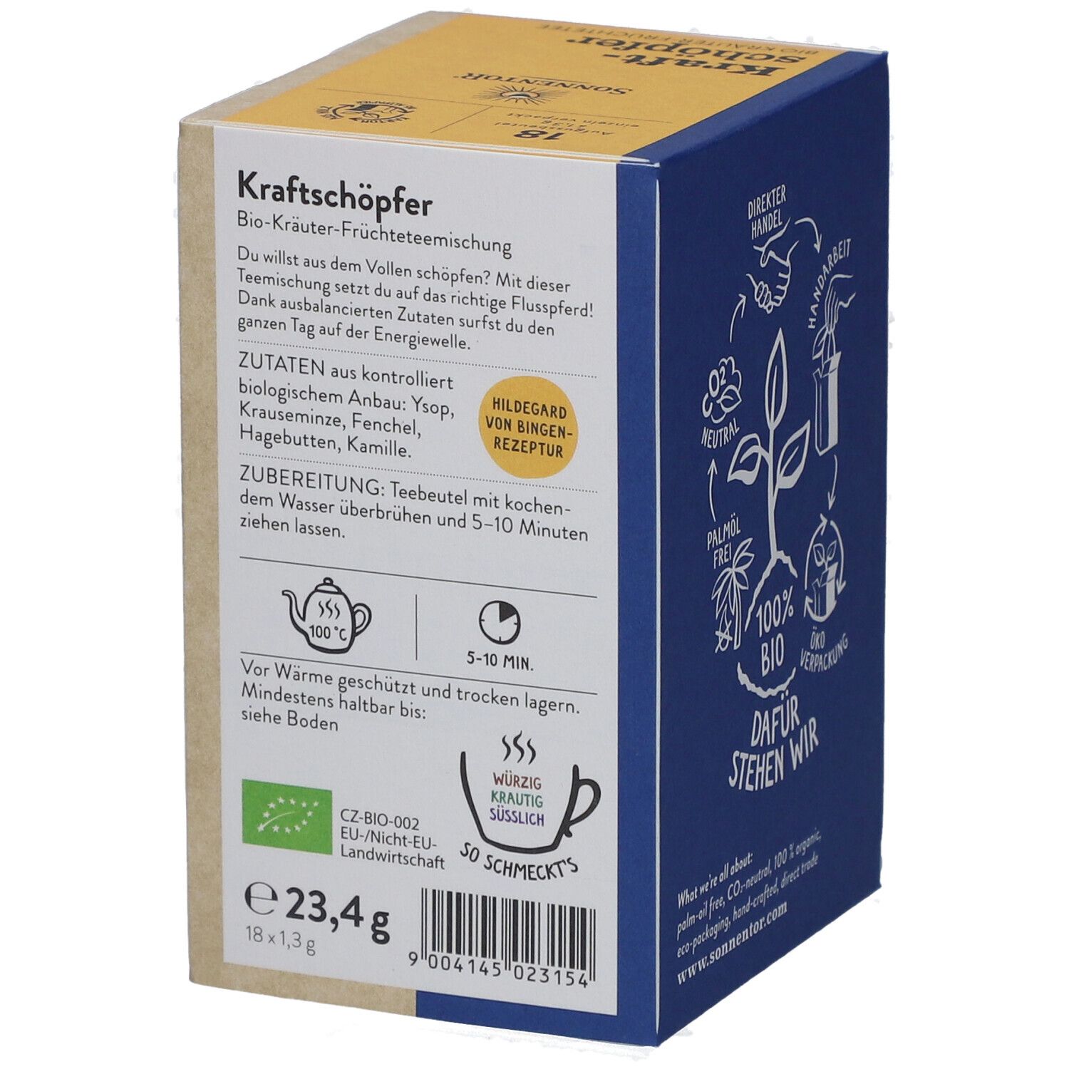 Rückseite der Verpackung. Text: Kraftschöpfer, Bio-Kräuter-Früchteteemischung. Zutaten, Zubereitungshinweise. Bio-Siegel. 30 Beutel, 23,4g.