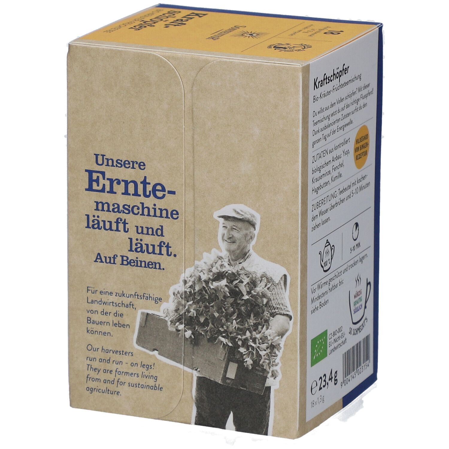 Seite der Verpackung. Text: Unsere Erntemaschine läuft und läuft. Abbildung eines Mannes mit Erntegut. Text in Englisch.