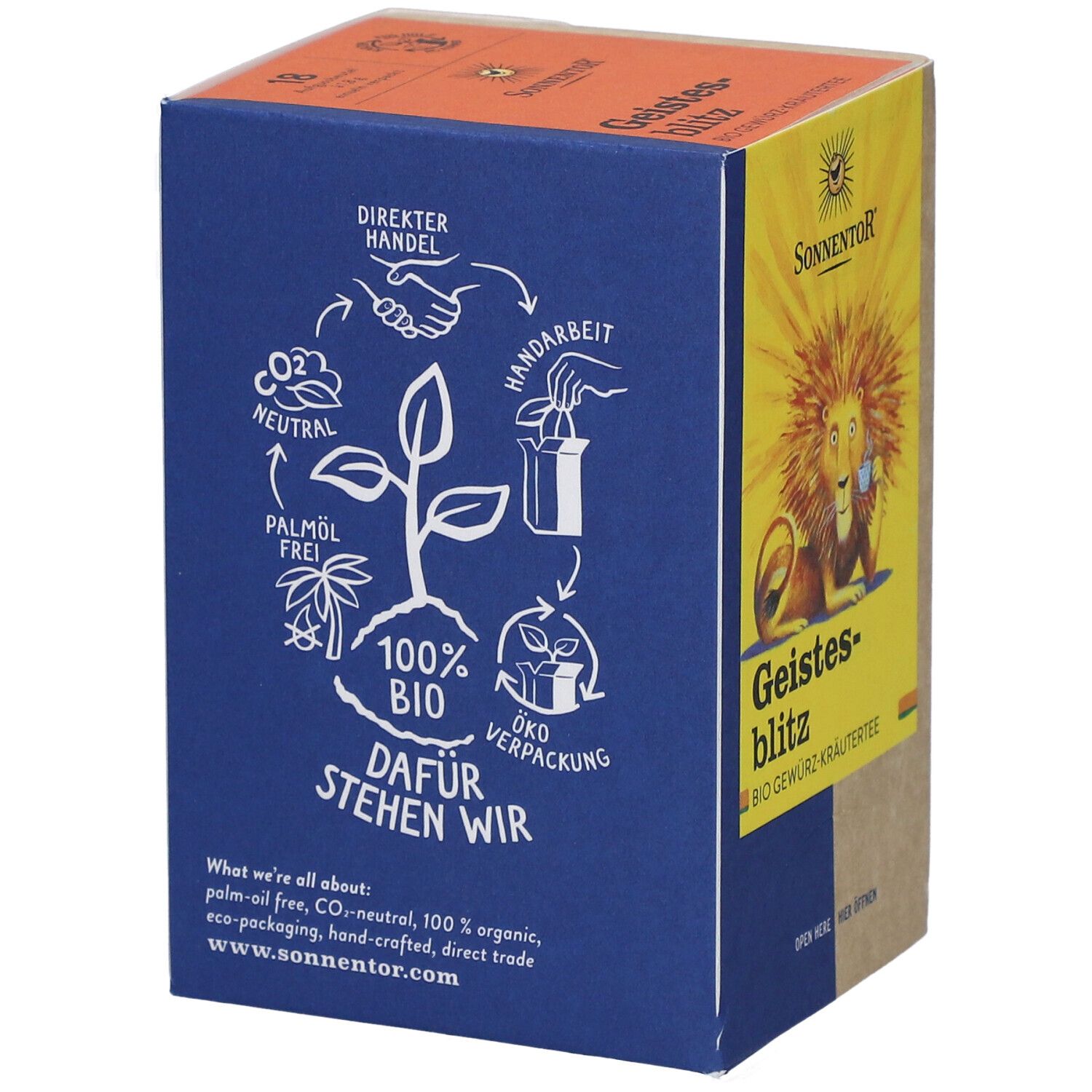 Rückseite der Teebox. Blaue Fläche mit weißen Icons und Text. Informationen zu Nachhaltigkeit und Bio-Zertifizierung.