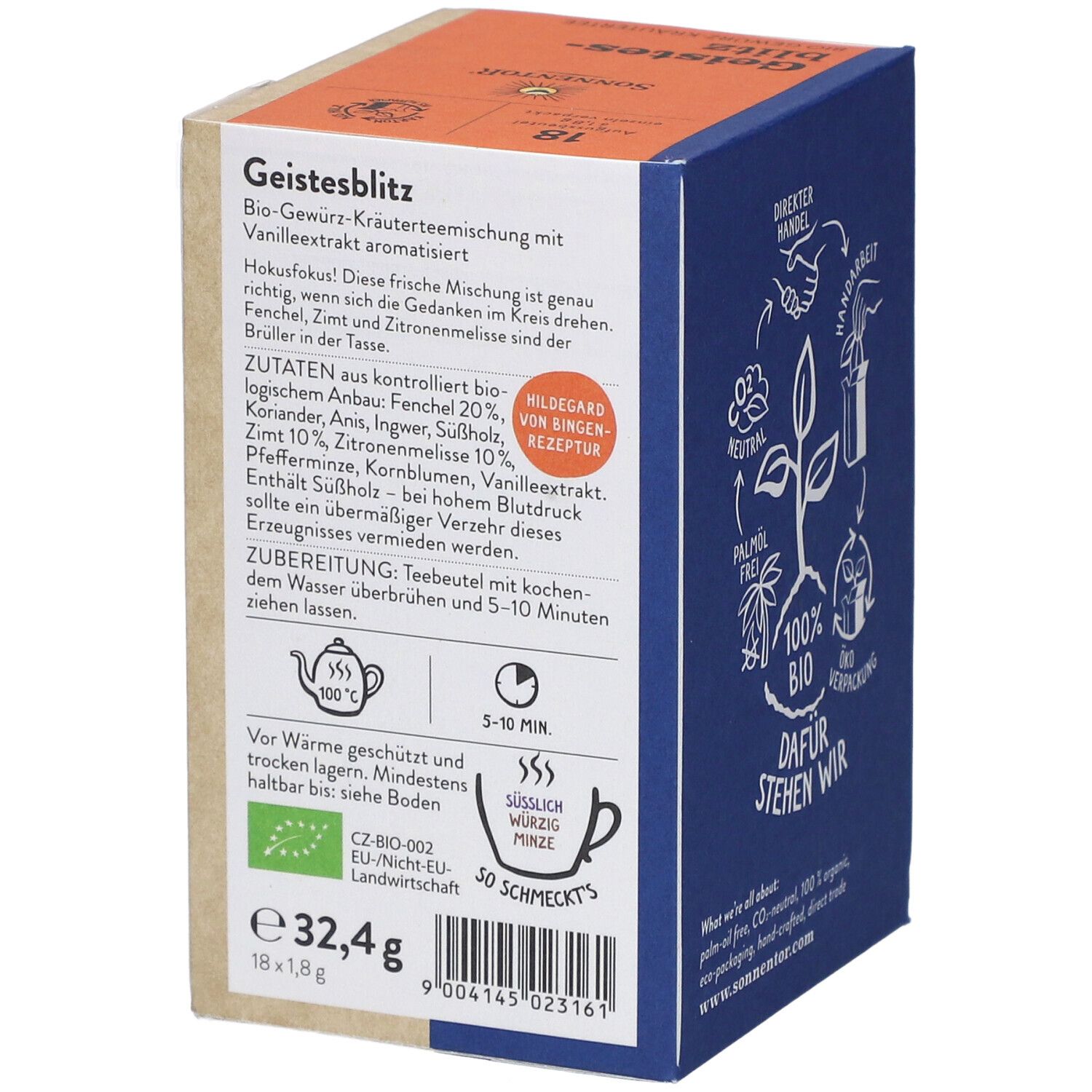 Teebox-Rückseite mit Zutatenliste und Zubereitungshinweisen. Bio-Zertifizierung und Gewichtsangabe. Text in Deutsch.