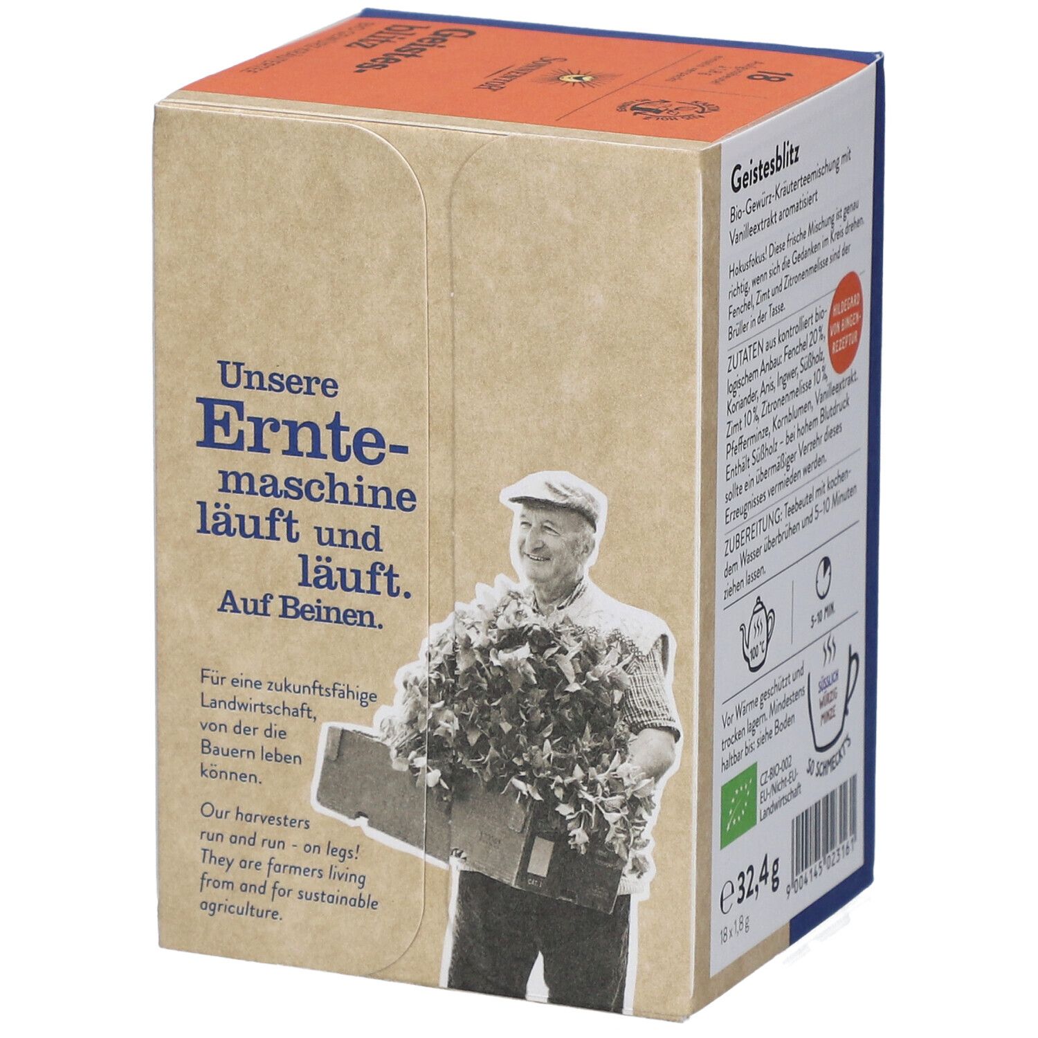 Teebox-Seite mit Text und Illustration eines Mannes mit Erntegut. Text in Deutsch. Bio-Zertifizierung.