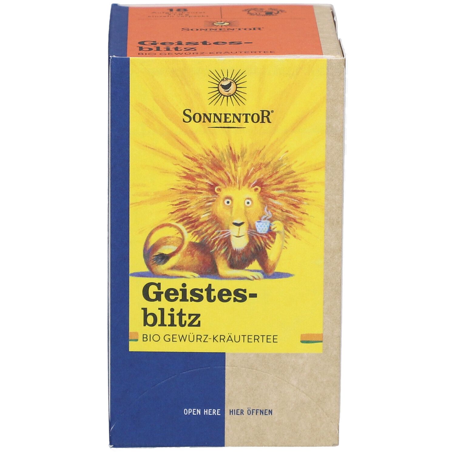 Vorderseite der Teebox. Gelbes Feld mit Löwen-Illustration und Produktnamen. Blaue und braune Akzente.