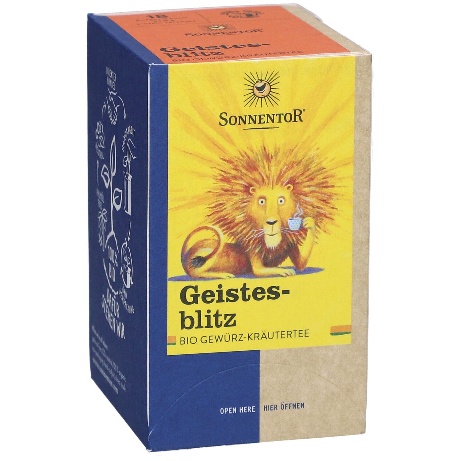 Vorderseite der Teebox. Gelbes Feld mit Löwen-Illustration und Produktnamen. Blaue und braune Akzente. Flaggen.
