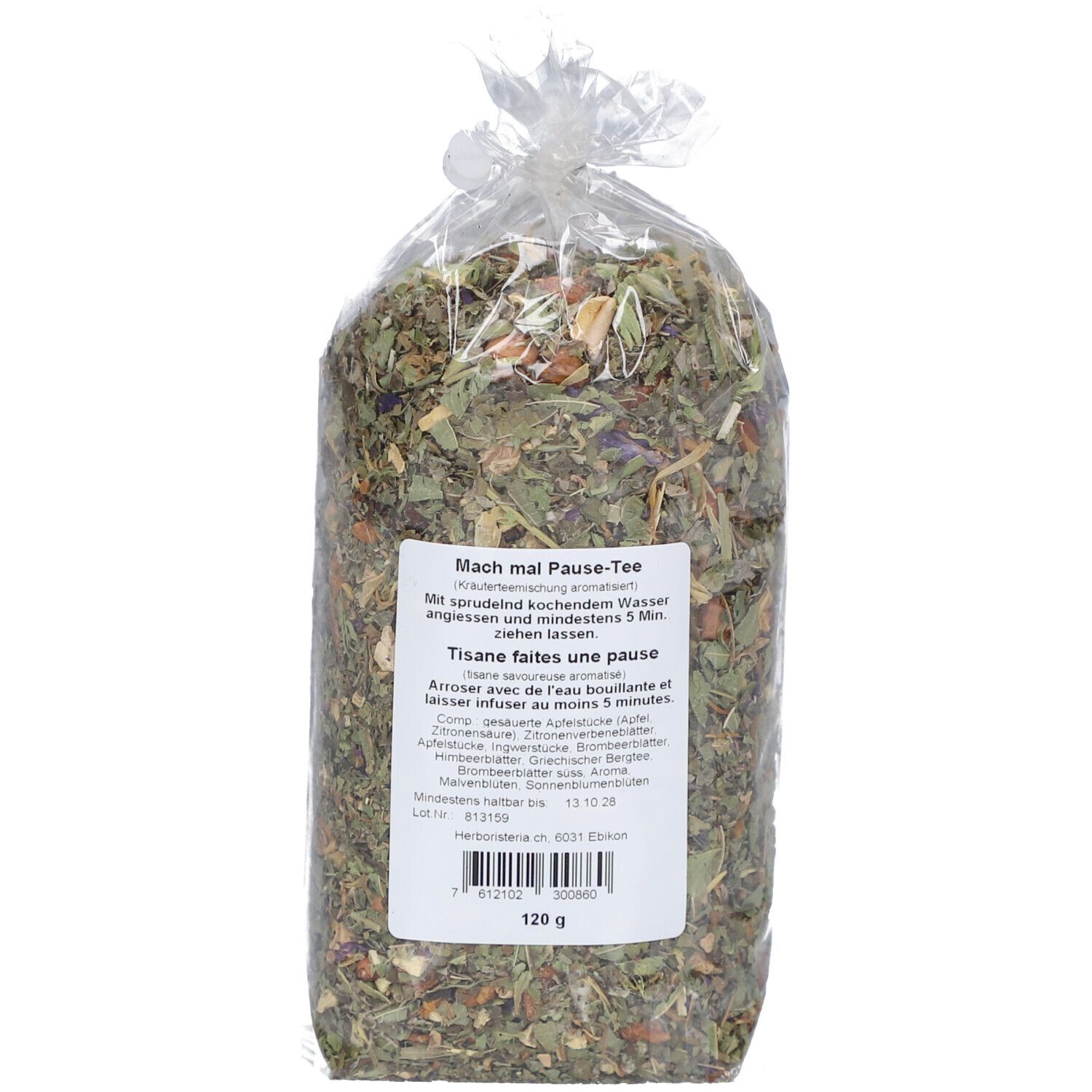 Mélange de plantes en emballage transparent. Étiquette avec texte et liste d'ingrédients. 120g.