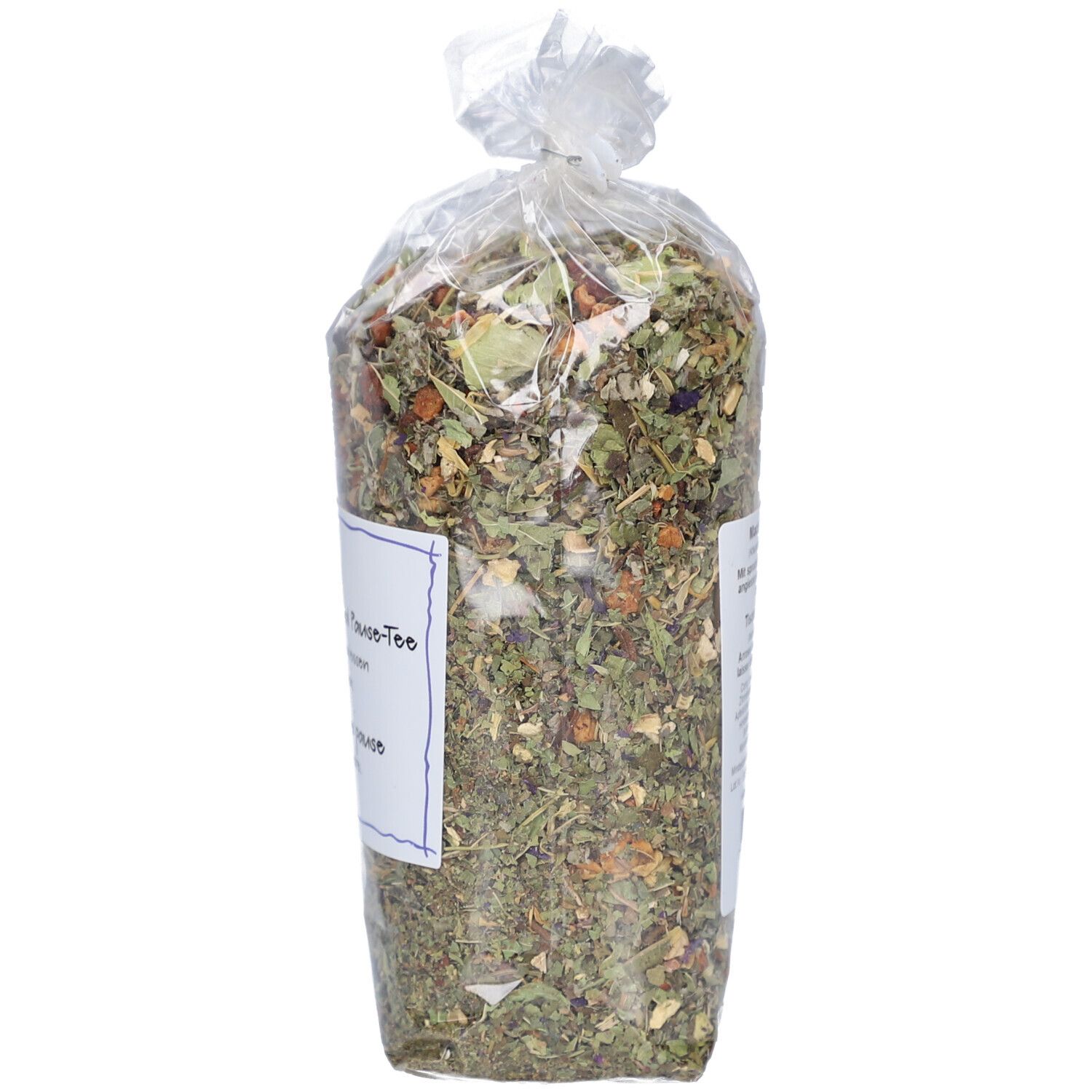 Mélange de plantes en emballage transparent. Étiquette avec texte. Vue arrière de l'emballage.