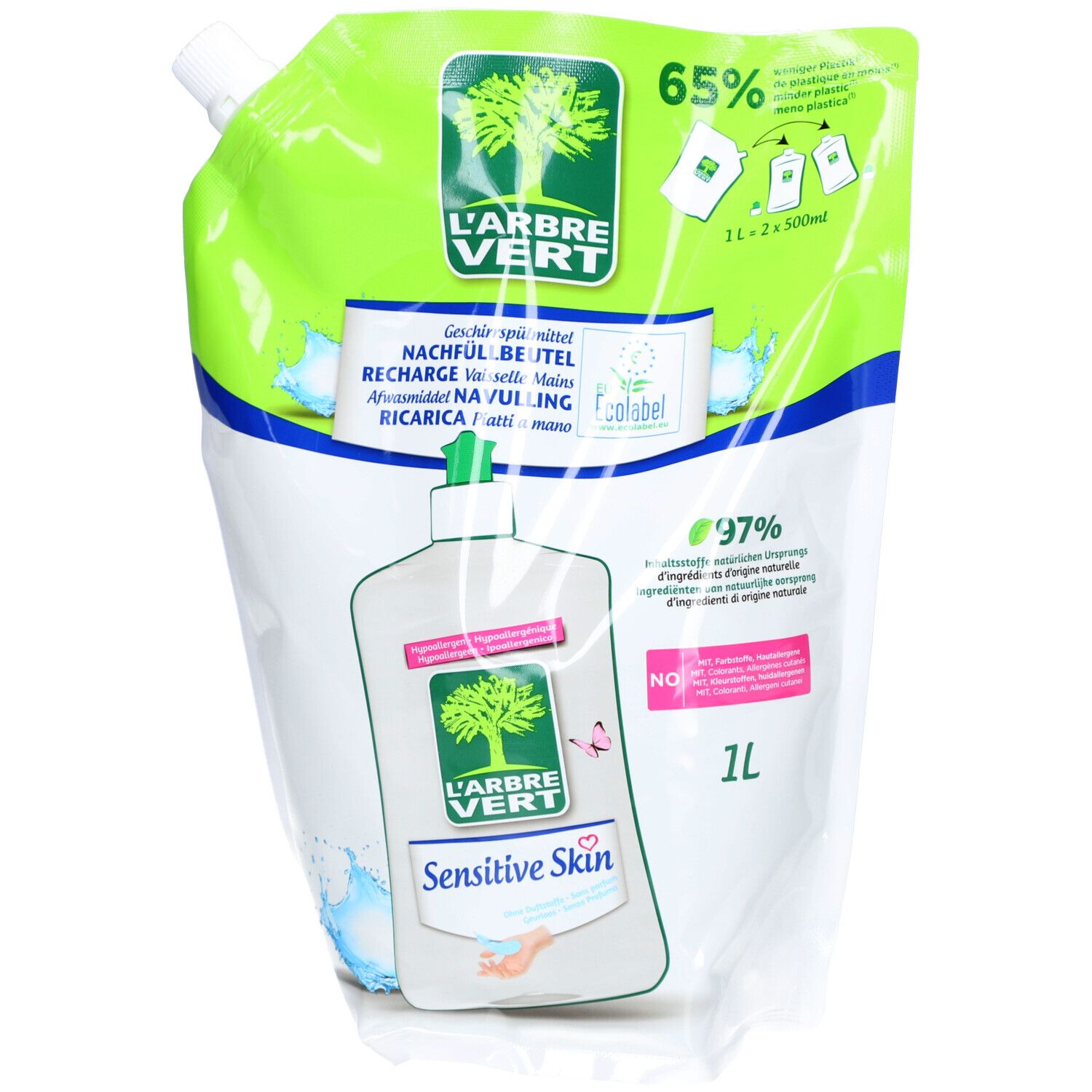 Nachfüllbeutel L'ARBRE VERT. Geschirrspülmittel für empfindliche Haut. Grüne und weiße Verpackung. 1 Liter.